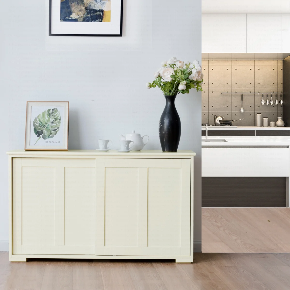 Costway Kitchen Storage Cabinet Sideboard Buffet Cupboard Wood Sliding Door Pantry White - Image 6