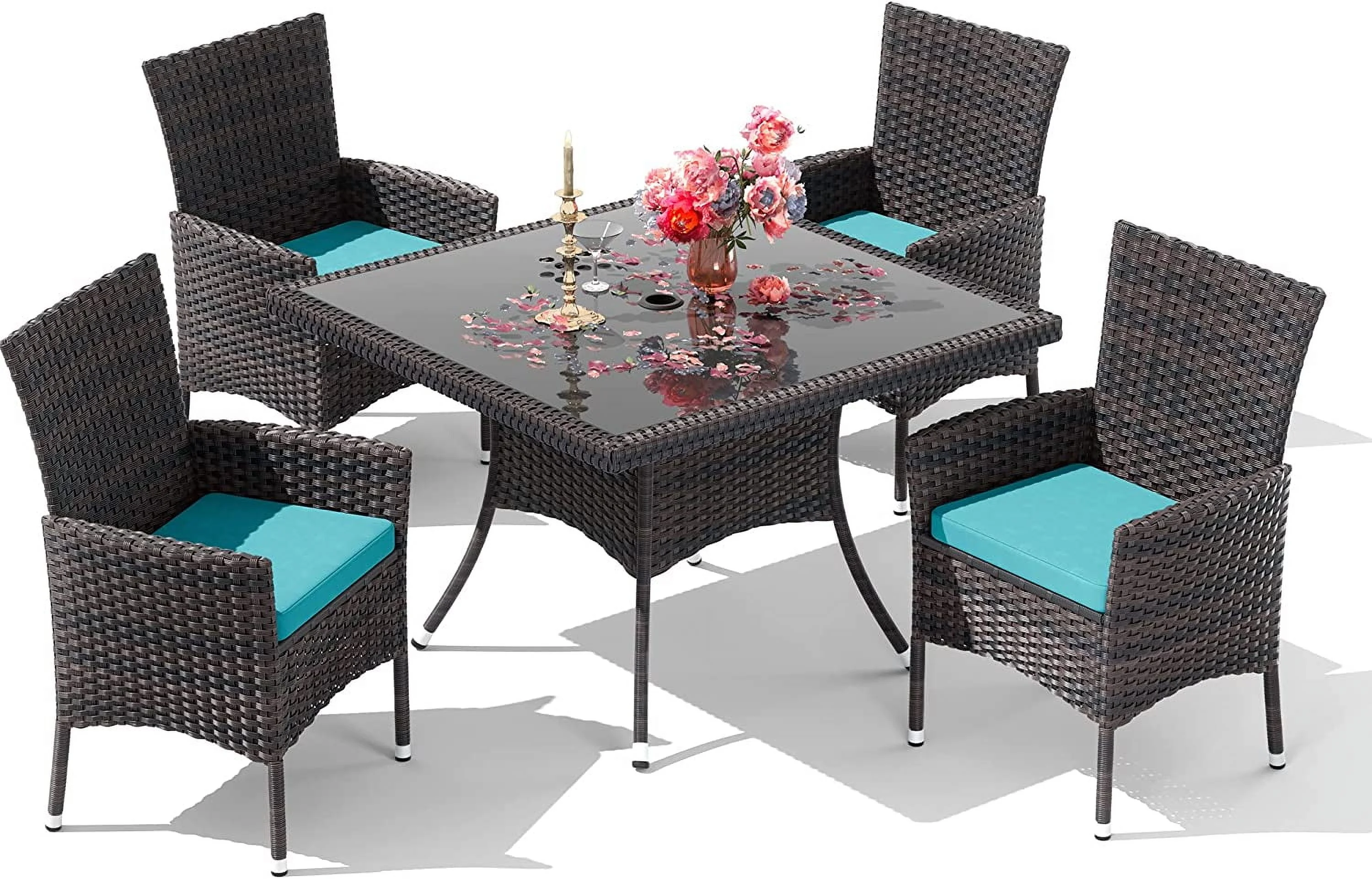 ALAULM 5 Pieces Patio Dining Set Outdoor Rattan Furniture with Square Glass Tabletop 4 Chairs with Cushions for Patio, Backyard Outdoor Kitchen Lawn & Garden Blue - Image 13
