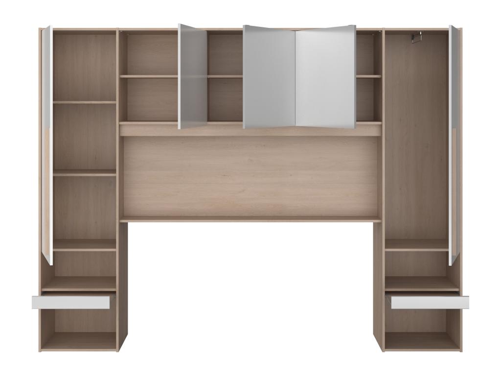 Puente de cama con almacenamiento y leds - l265 cm - blanco brillante y natural