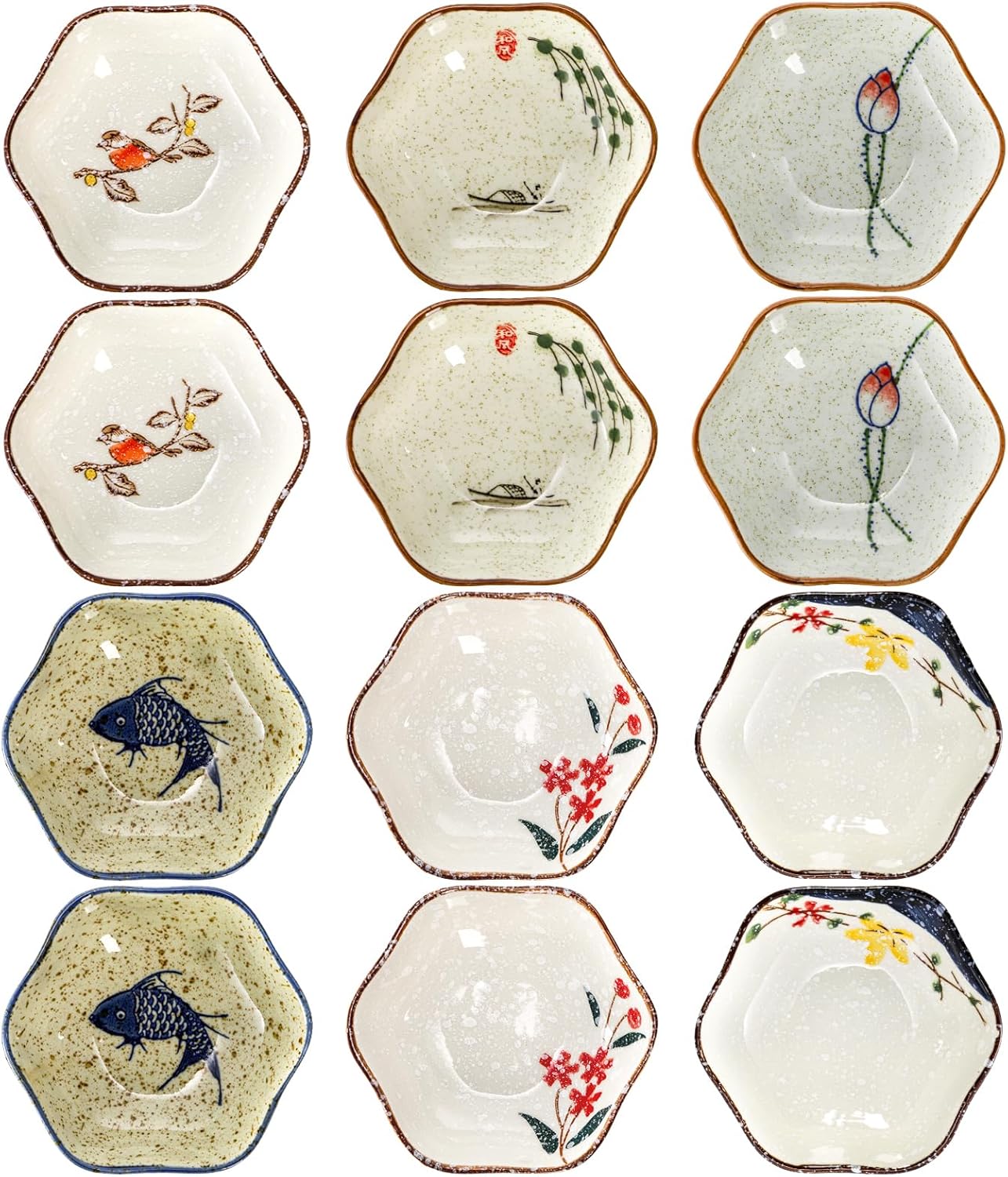 12 Pieces Japanese Sauce Dishes, 4 Oz Ceramic Side Dish Set, Small Flower-shaped Seasoning Soy Dipping Bowl Plate for Sushi, Snack, Appetizer, Kitchen Prep, 6 Patterns