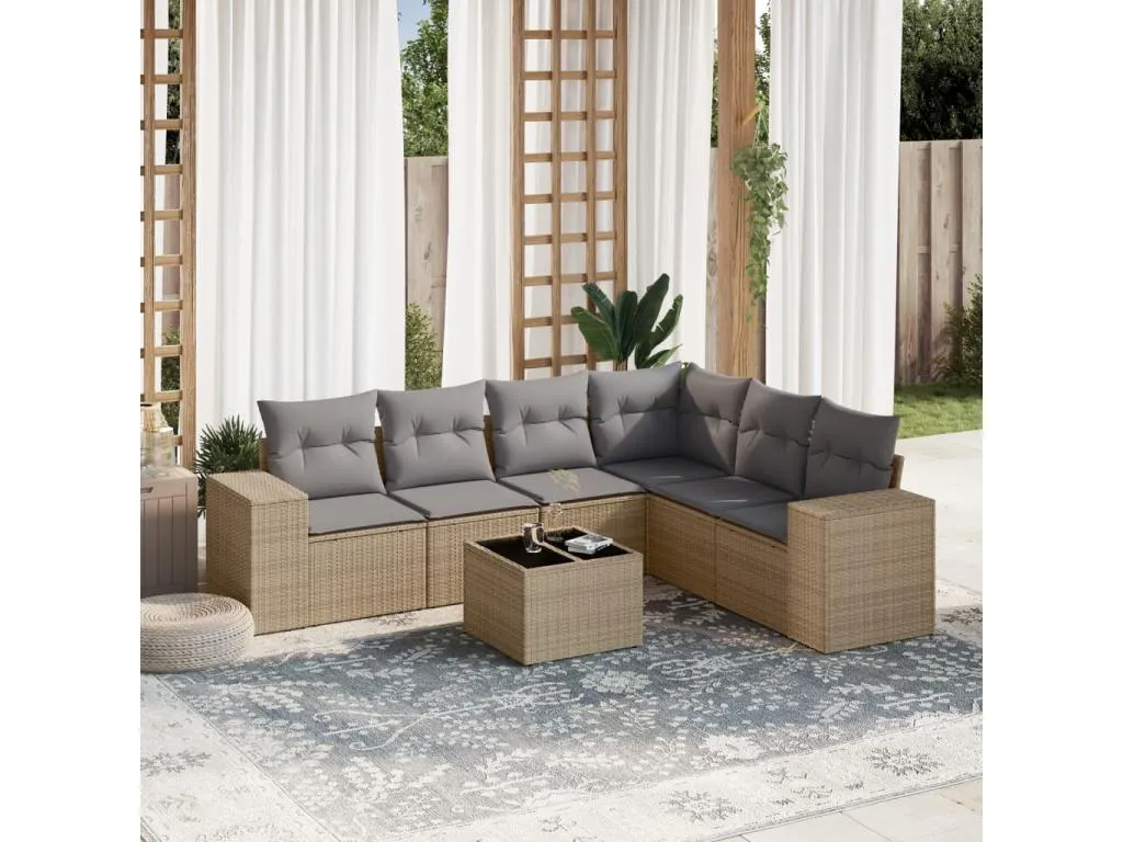 Set sofás de jardín 7 piezas y cojines ratán sintético beige 77802lowx