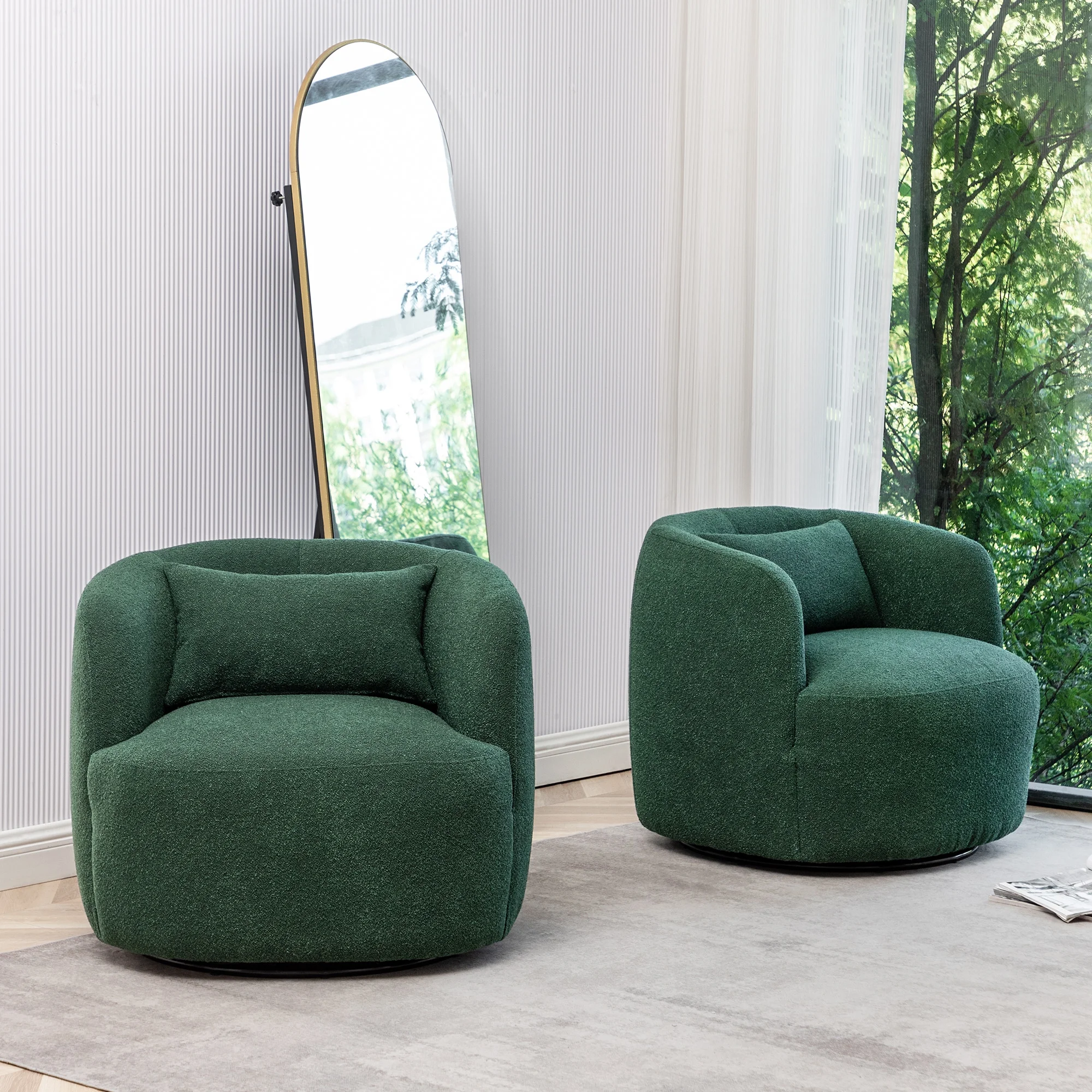 34" Wide Boucle Swivel Barrel Chair, No Assembly Round Upholstered Armchair Accent Chair Single Sofa Chair with Toss Pillow for Living Room and Bedroom, Taupe - Image 37