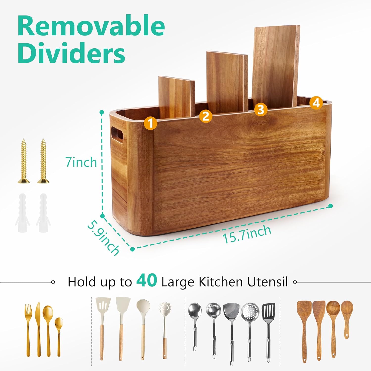 Wooden Utensil Holder for Kitchen Counter, Large Utensil Organizer for Storage Cooking & Silverware with 4 Compartment, Acacia Rustic Wood with Diatomaceous Earth Base Matte