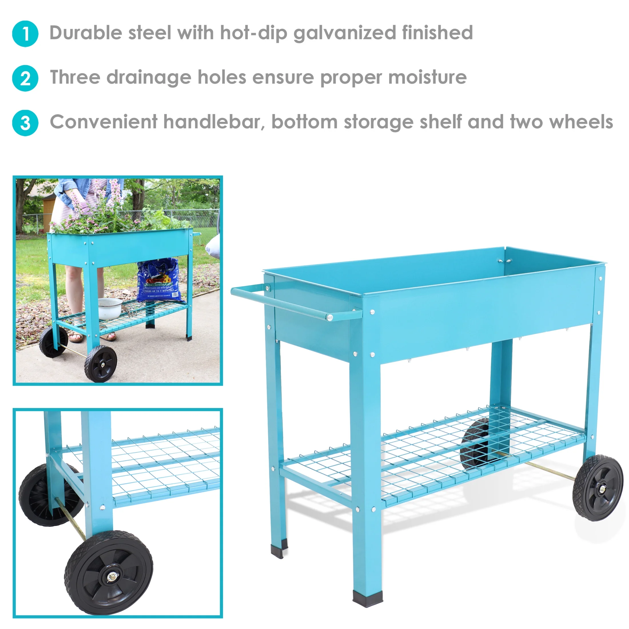 Sunnydaze 43.5" x 20.75" x 31.75" Blue Galvanized Steel Raised Garden Bed Cart with Wheels - image 4