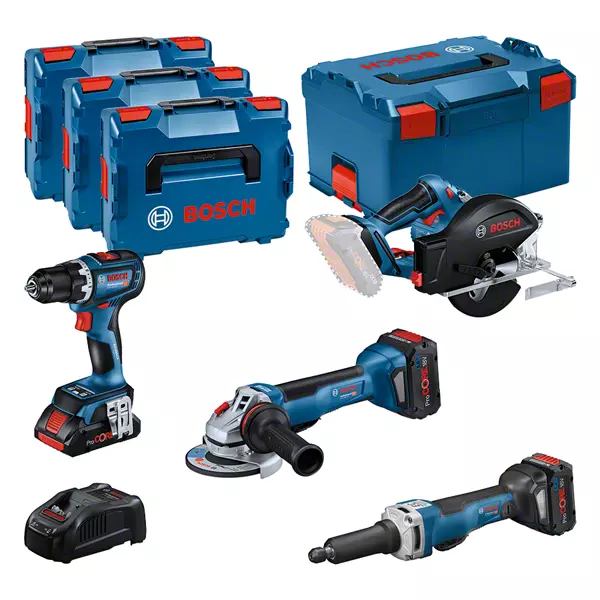 BOSCH COMBI-KIT 4 18V TOOLS: GSR 18V-90C + GWS 18V-15 PSC + GKM 18V-50 + GGS 18V-23 PLC + 1 4.0 AH BATTERY (PROCORE) + 2 5.5 AH BATTERIES (PROCORE) + GAL 1880CV (L) PROFESSIONAL