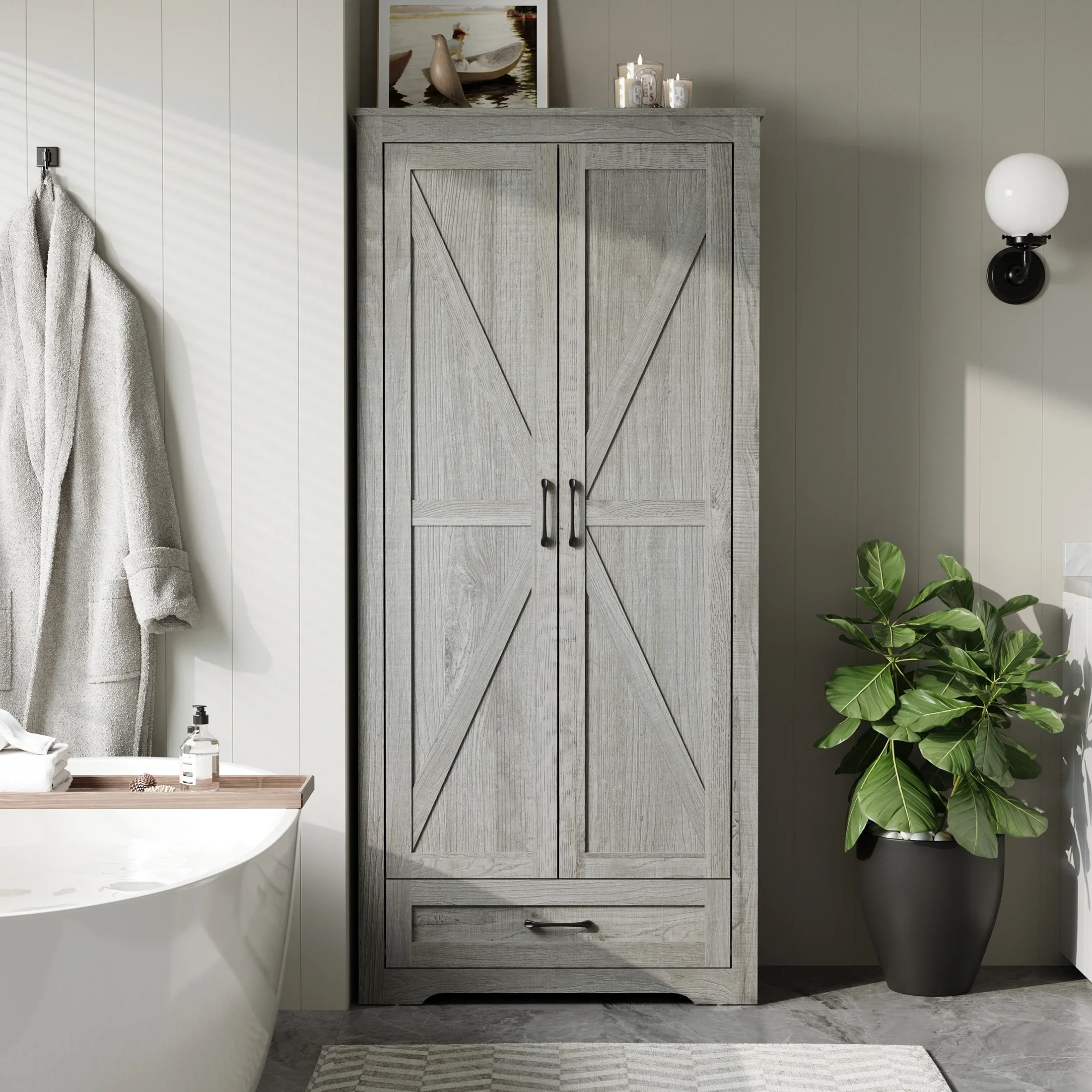 YouTrend 69" Tall Kitchen Pantry,Farmhouse Storage Cabinet with 2 Barn Doors 4 Adjustable Shelves and Large Drawer for Dining Room,Living Room,Bathroom,White
