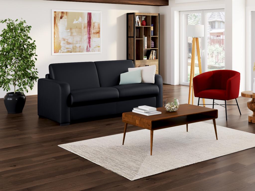 Sofá cama de tres plazas, piel negra, con colchón de 22cm