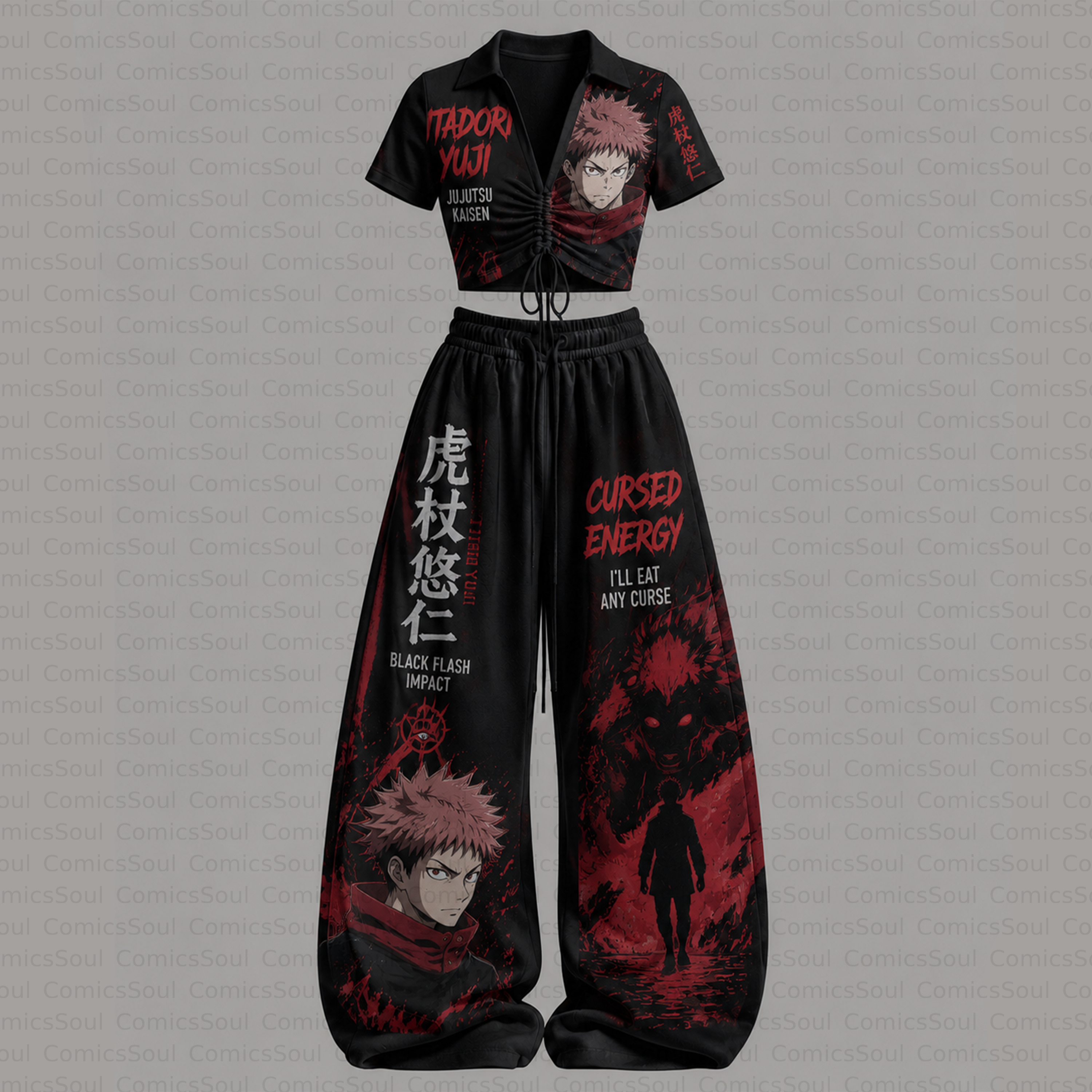 Jujutsu Kaisen Drawstring Short Sleeve Top & Long Pants Two-Piece Set TeeThreads Sustain the Scene with Custom Apparel