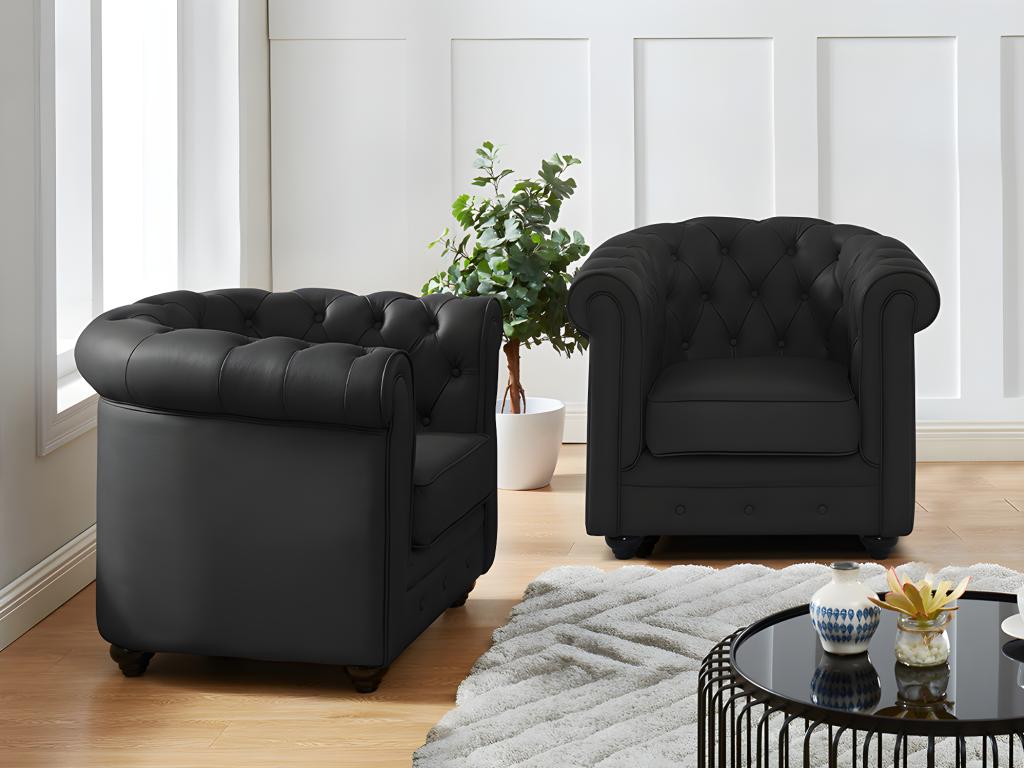 Juego de 2 sillones de piel de búfalo CHESTERFIELD - Negro