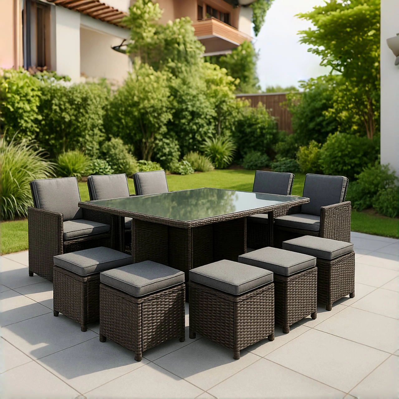 Conjunto comedor jardín marrón/gris ratán terraza