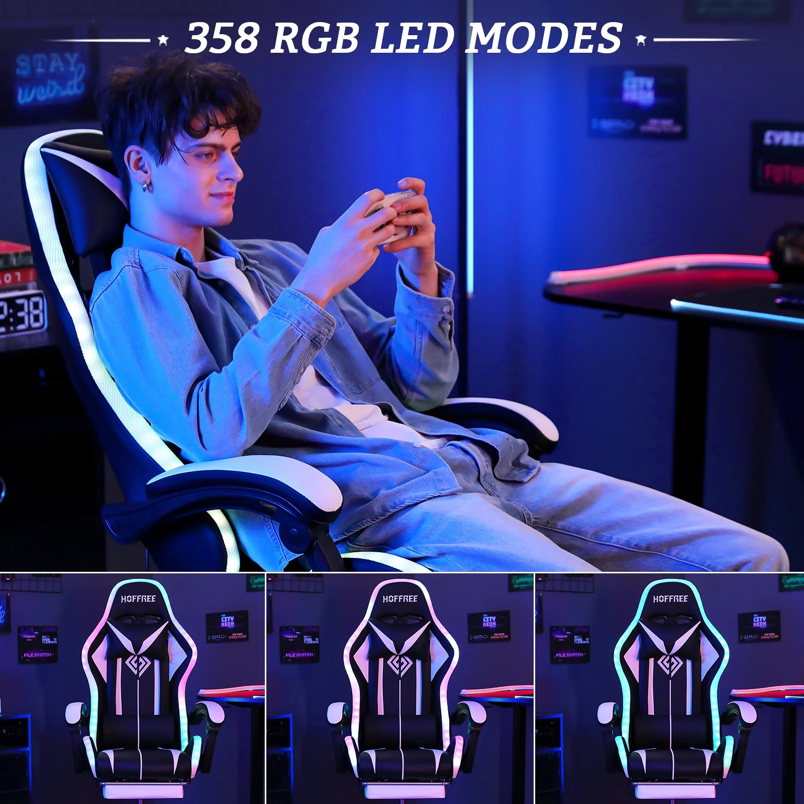 Hoffree Gaming Chair with Speakers PU Leather Office Chair with Footrest and LED Lights Ergonomic Gamer Chair with Massage Lumbar Support and Headrest Adjustable Swivel for Home Office 300lb - Image 67