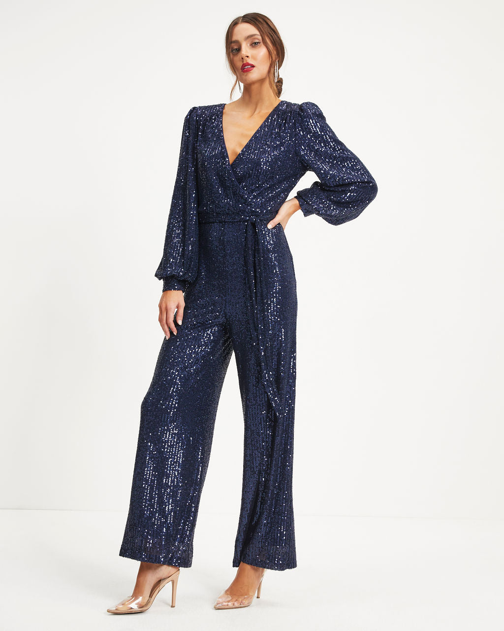 Whole New World Sequin Front Tie Jumpsuit - Navy - Se7enfashion