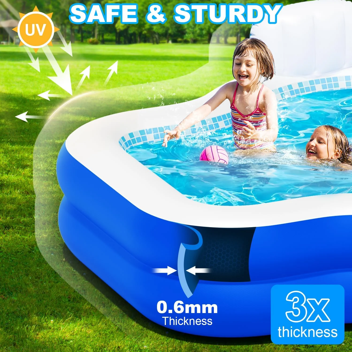 Large Inflatable Swimming Pool for Kids Adults, 121" X 90" X 22" Oversized Thickened Kiddie Pools Family Blow-Up Pool with Pump Seat, Inflatable Pools for Garden, Backyard, Indoor Outdoor Water Party - Image 4