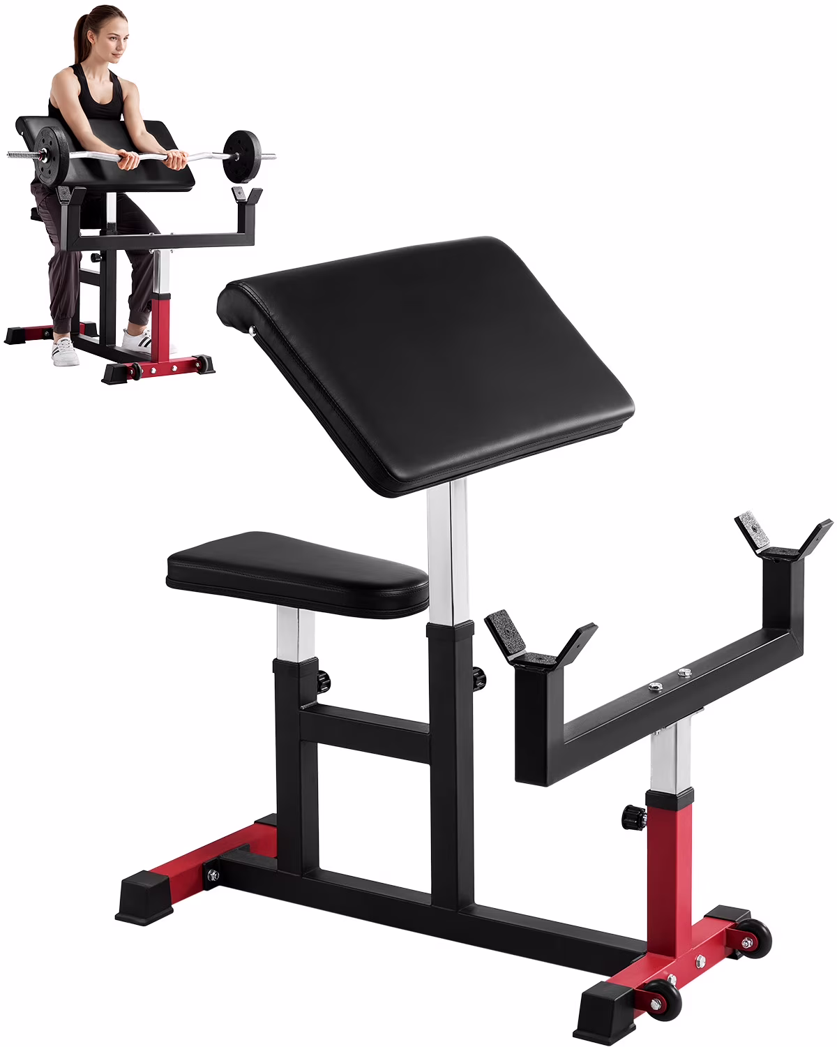 VEVOR Adjustable Preacher Curl Bench, 440 Lbs, Black+Red - AX1010