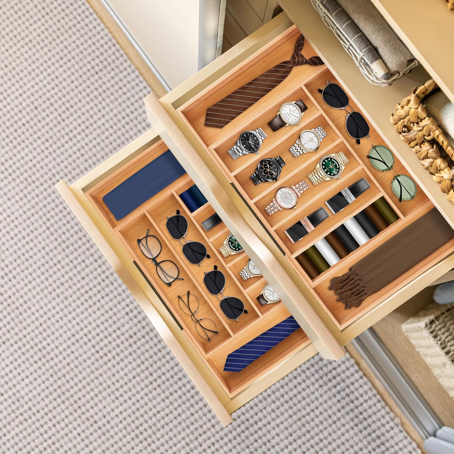 Large Premium Bamboo Silverware Organizer - Expandable Drawer Organizer & Utensil Organizer - 17