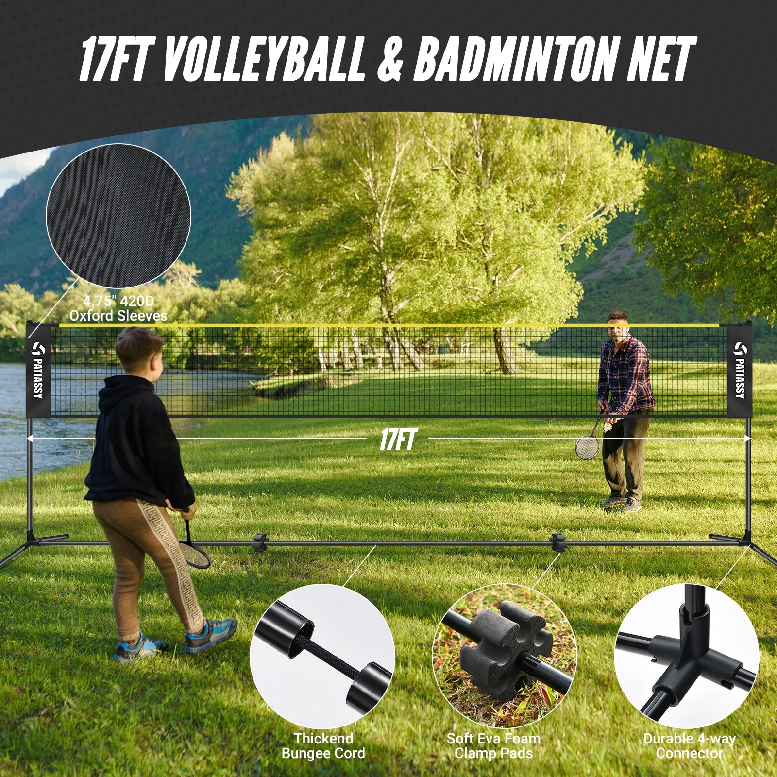 Patiassy 5.1ft-7.4ft Adjustable Height Volleyball Badminton Pickleball Net Set with Poles, 4 Rackets, 3 Shuttlecocks, 4 Pickleball Paddles , and Volleyball - Image 7