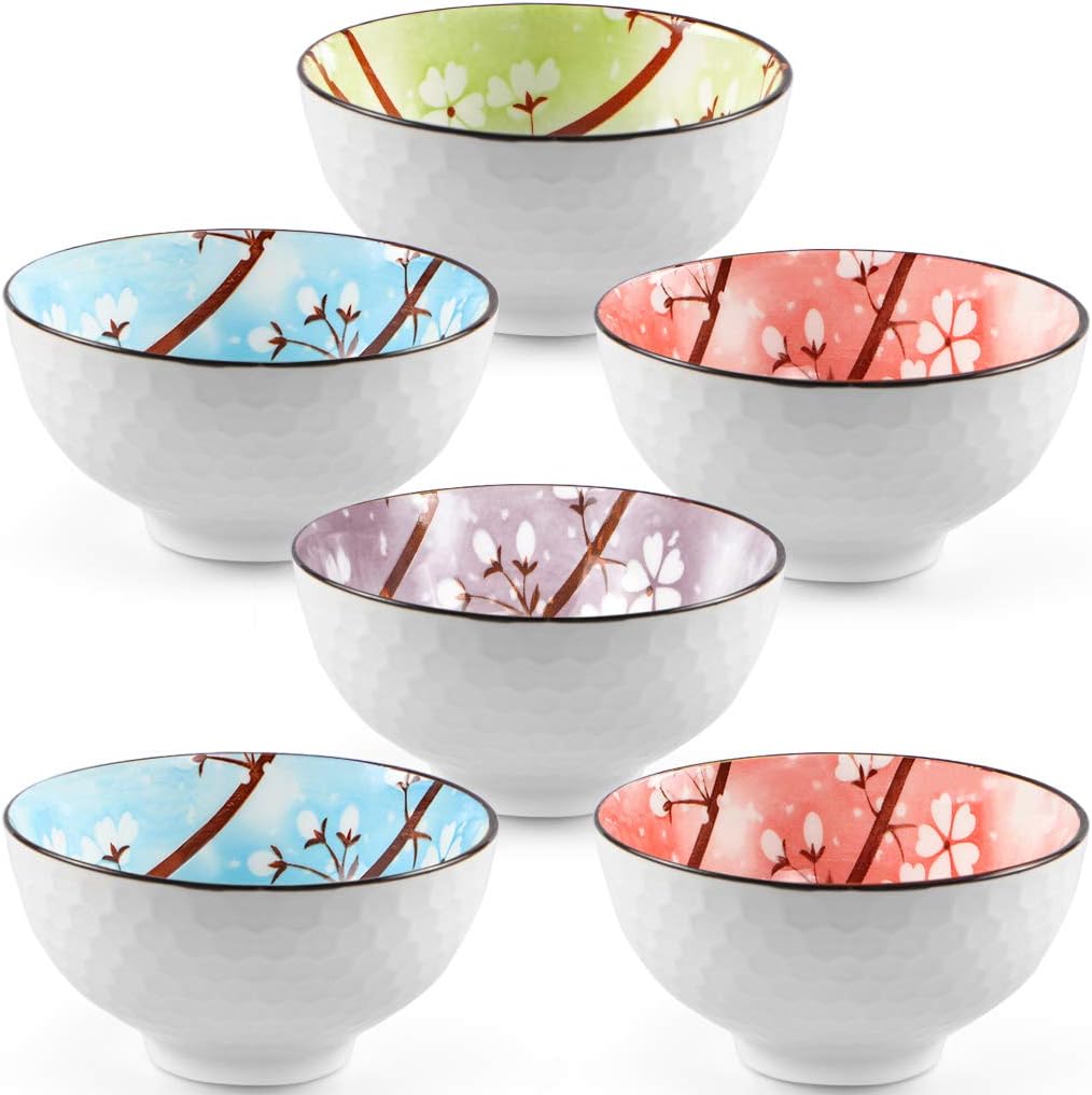 Ceramic Rice Bowls 10 oz, Sakura Bowl Gift Set, Assorted Color Dinnerware Serving Bowls for Rice, Cereal, Noodle, Soup, Desserts, Pack of 6 (Cherry Blossom)