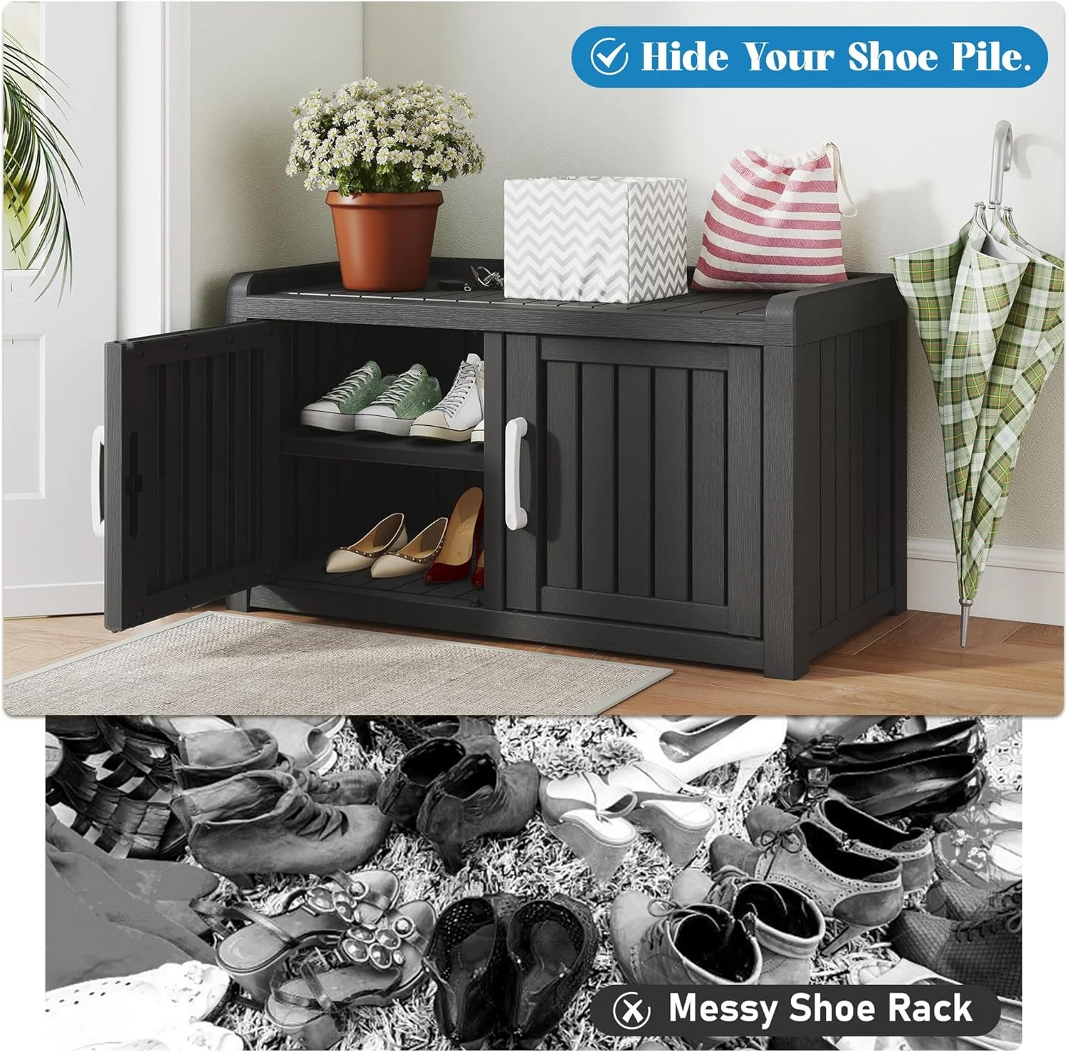 KAMABOKO Outdoor Shoe Storage Cabinet, Waterproof UV-Resistant Entryway Storage Bench Indoor Outdoor with 2 Barn Doors, Adjustable Shelves for Entryway, Bedroom, Hallway,Living Room(Black) - Image 9