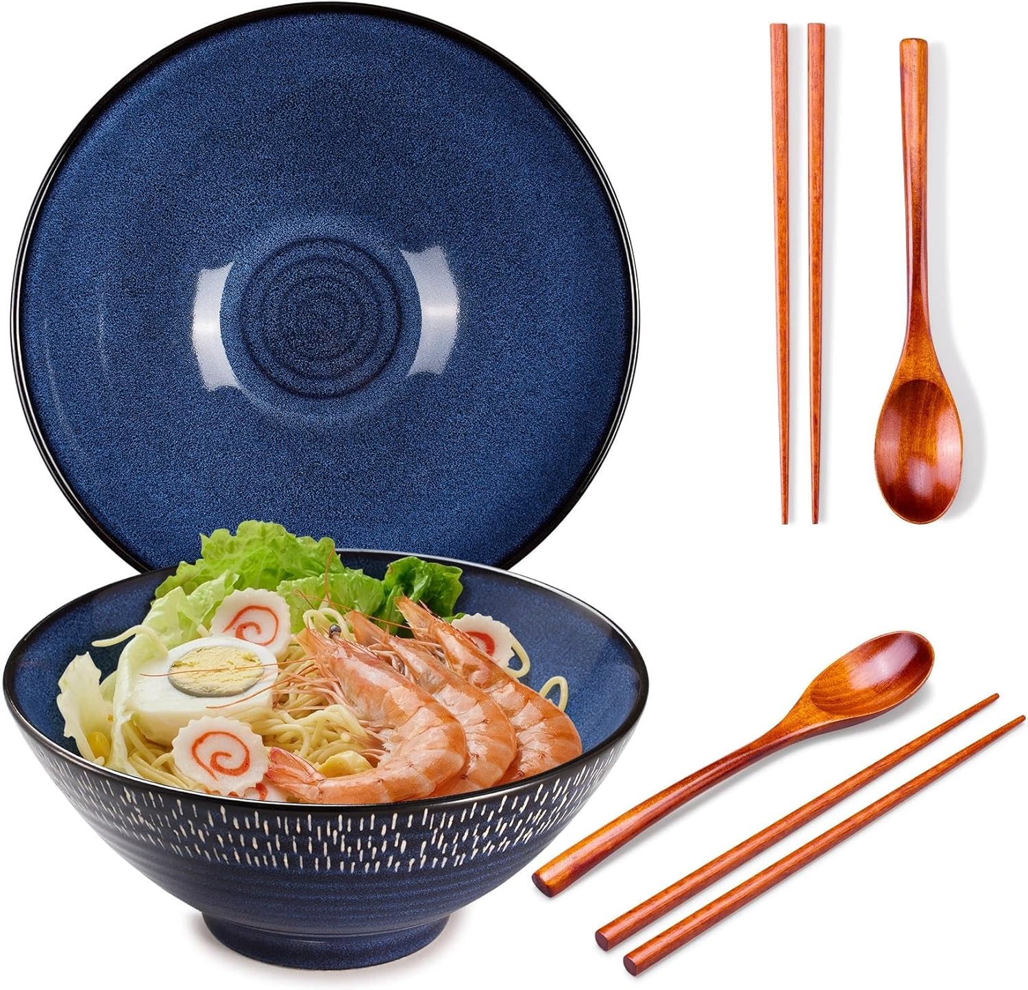 Ceramic Ramen Bowl Set - Set of 8, 2 x Ramen Bowls with Chopsticks, Ceramic Bowl & Frame Spoon for Asian Noodles and Udon (2-Piece Bowl Set) (Emerald Green 2 sets)