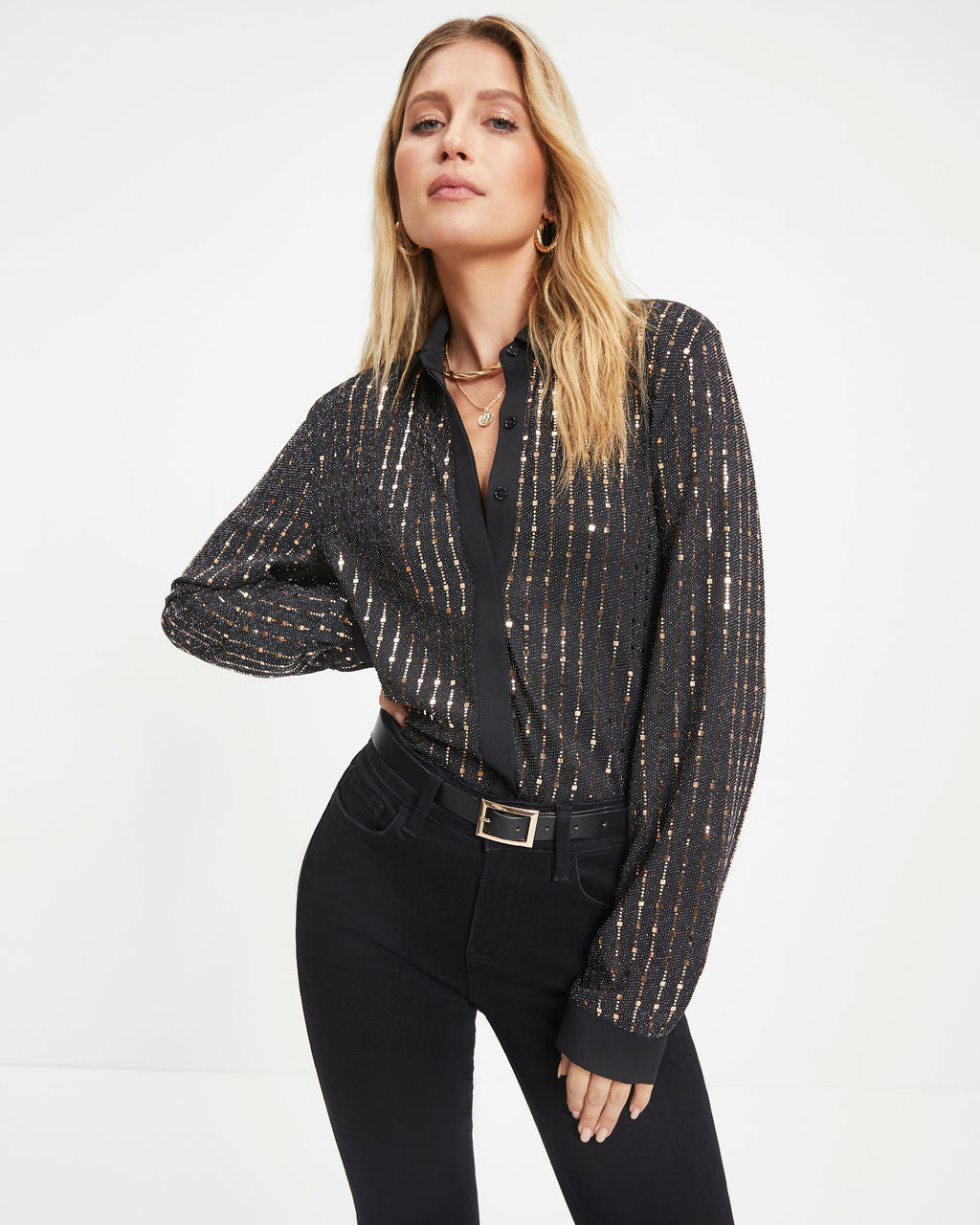 Girl Boss Glam Metallic Button Down Top - Se7enfashion