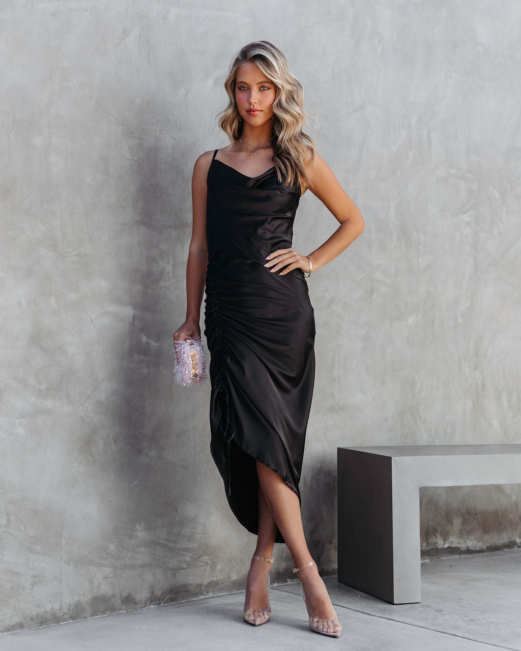Juliana Satin Cowl Neck Ruched Asymmetrical Maxi Dress - Black - Se7enfashion