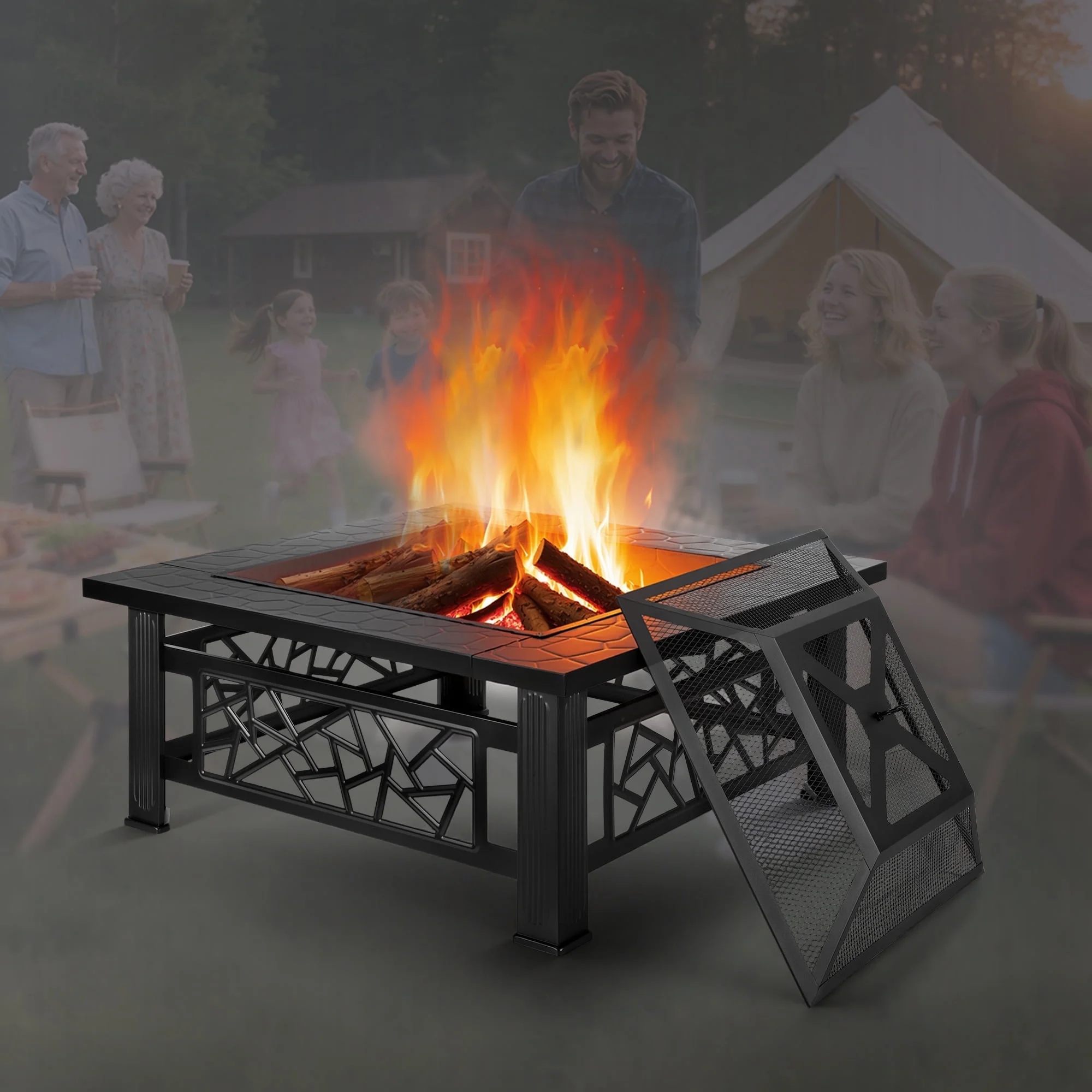 32" Fire Pits for Outside, SYNGAR Wood Burning Bonfire Fire Pit Table with Mesh Lid, Grate, BBQ Grill and Poker, Outdoor Metal Square Fire Pit for BBQ, Camping, Picnics, Backyard - Image 11