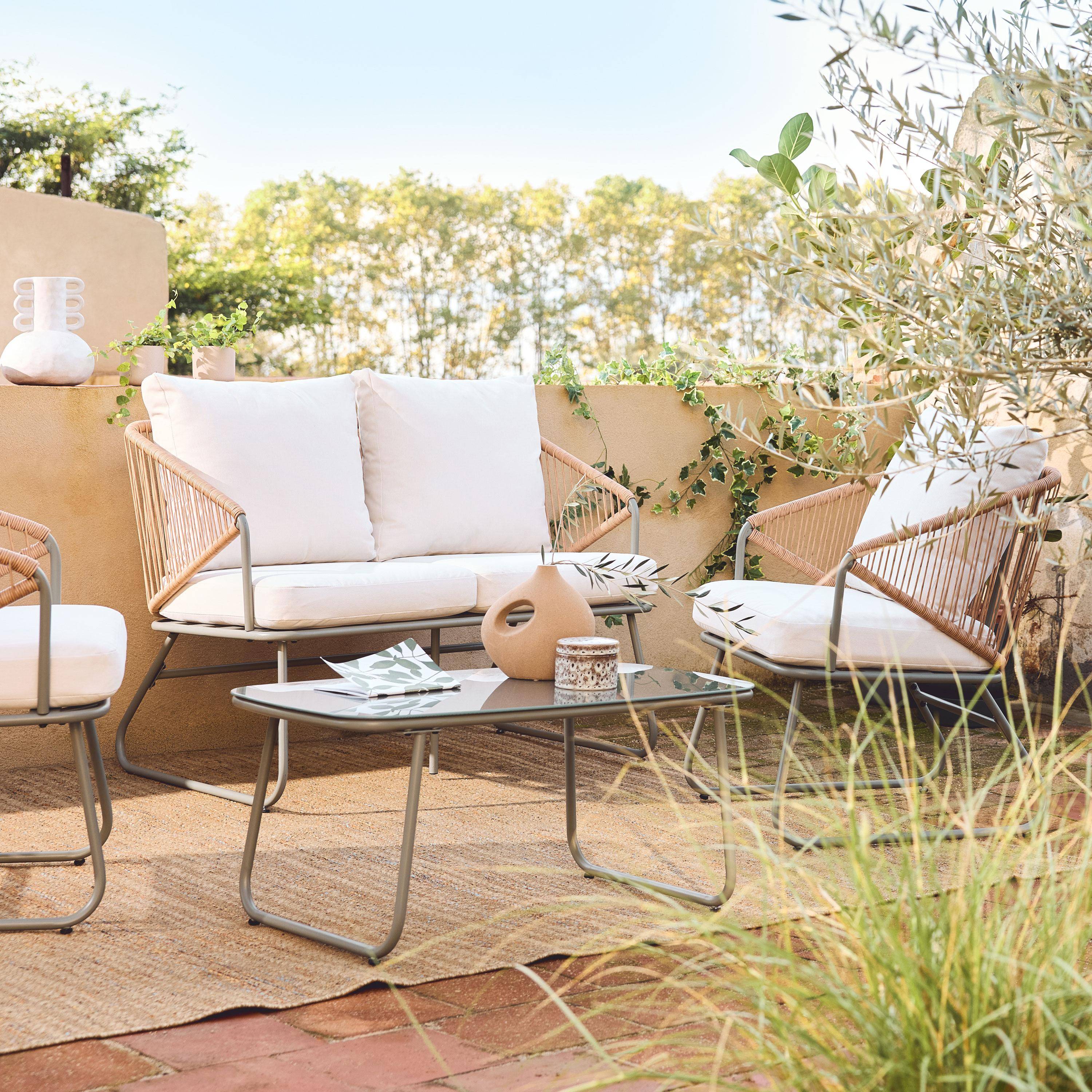 Modena - Conjunto de muebles de jardín en metal y resina natural, 4 plazas