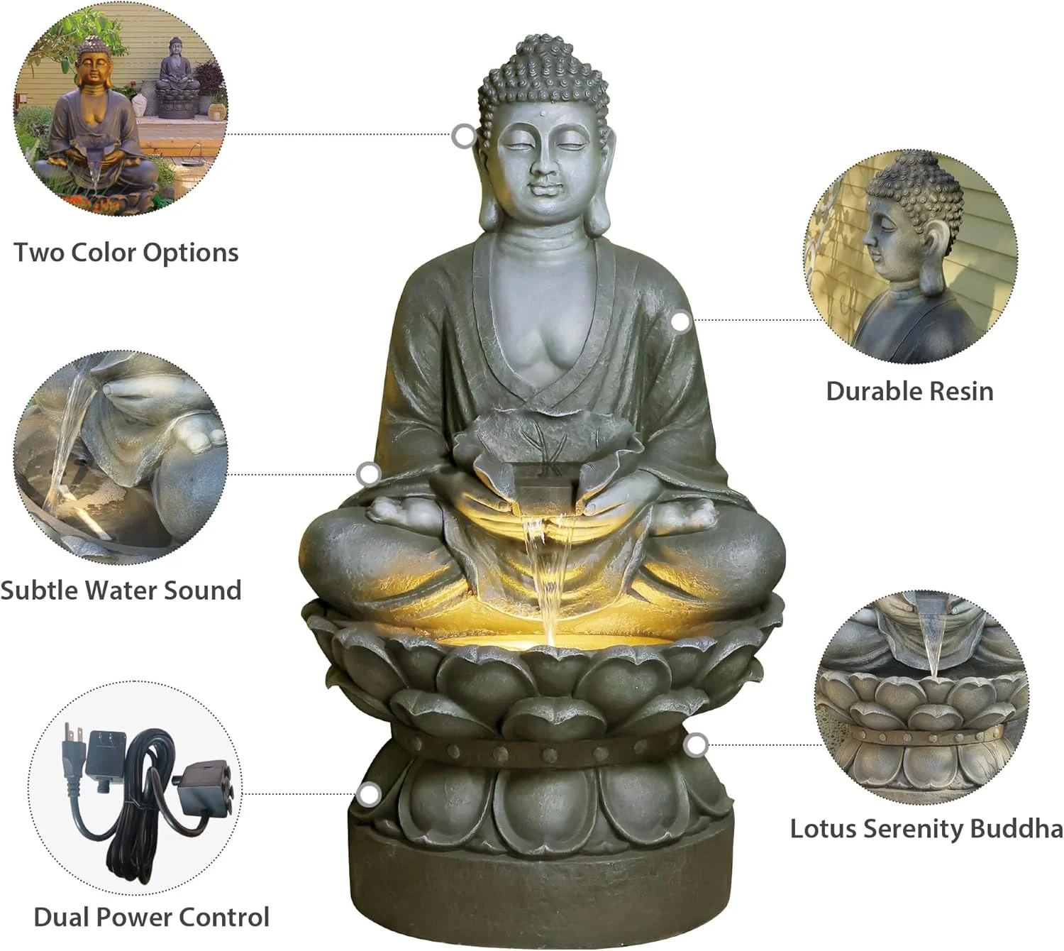 Buddha Water Fountain Outdoor Large Sitting Lotus Base Waterfall Fountains Zen Water Feature Indoor with LED Light for Garden Patio Backyard Deck Lawn Porch Balcony Home 45 inches Gold - Image 10