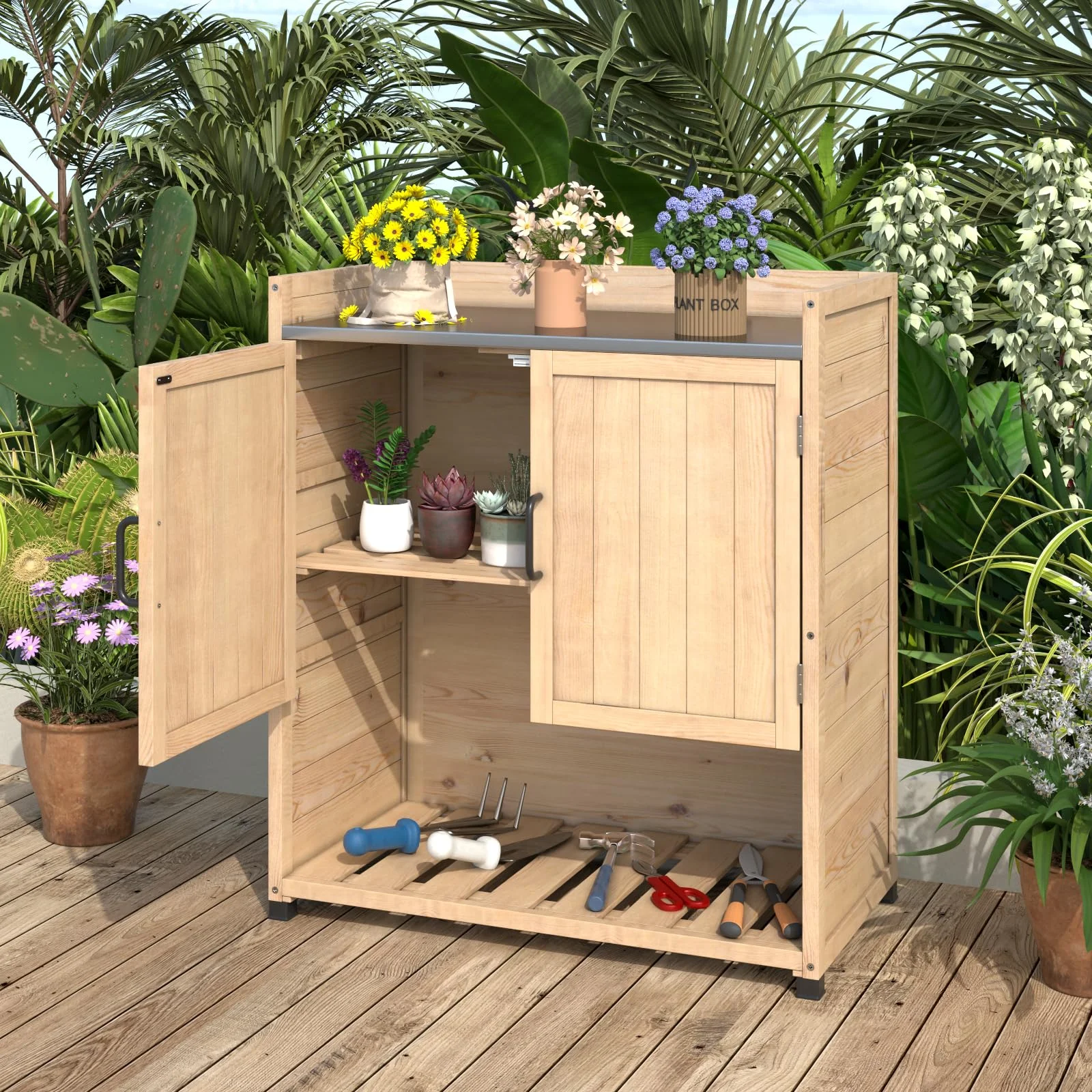 YODOLLA Potting Bench, Wooden Outdoor Storage Cabinet with Adjustable Shelf, Patio Storage with Metal Tabletop, Potting Table for Garden, Patio and Lawns, Gray - Image 16