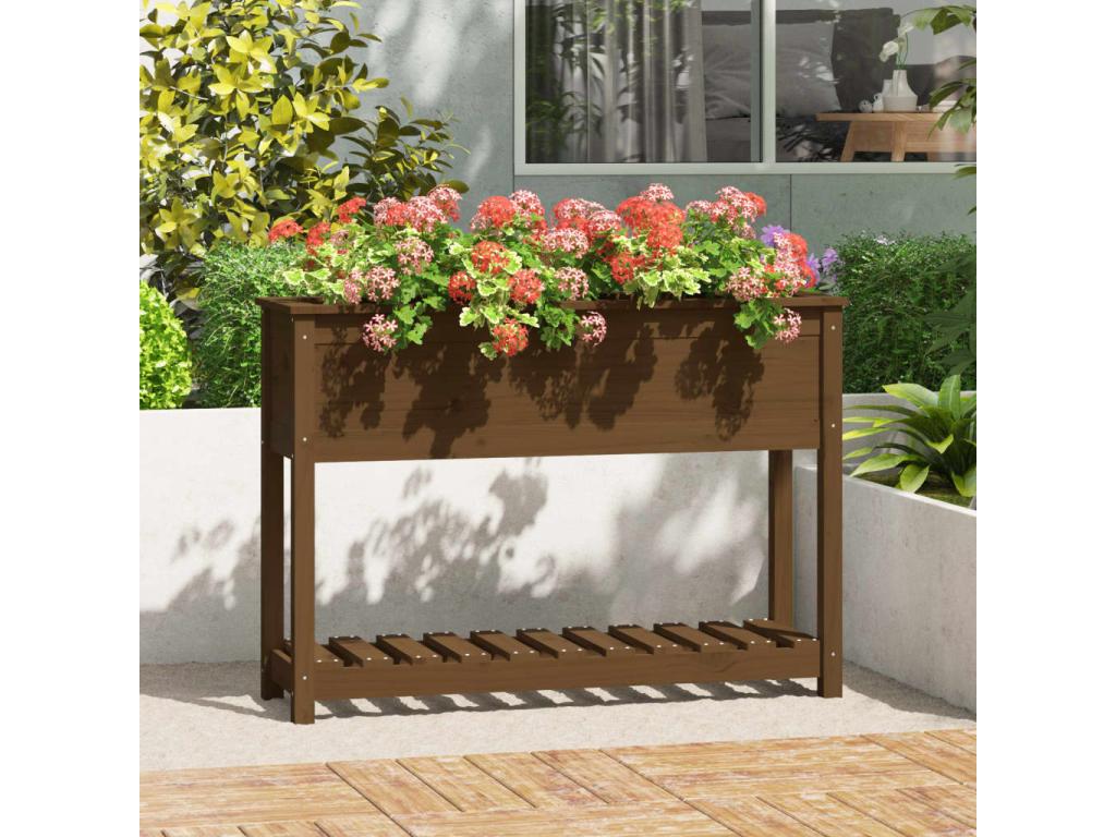 Jardinera con estante madera maciza pino marrón 111,5x34,5x81cm