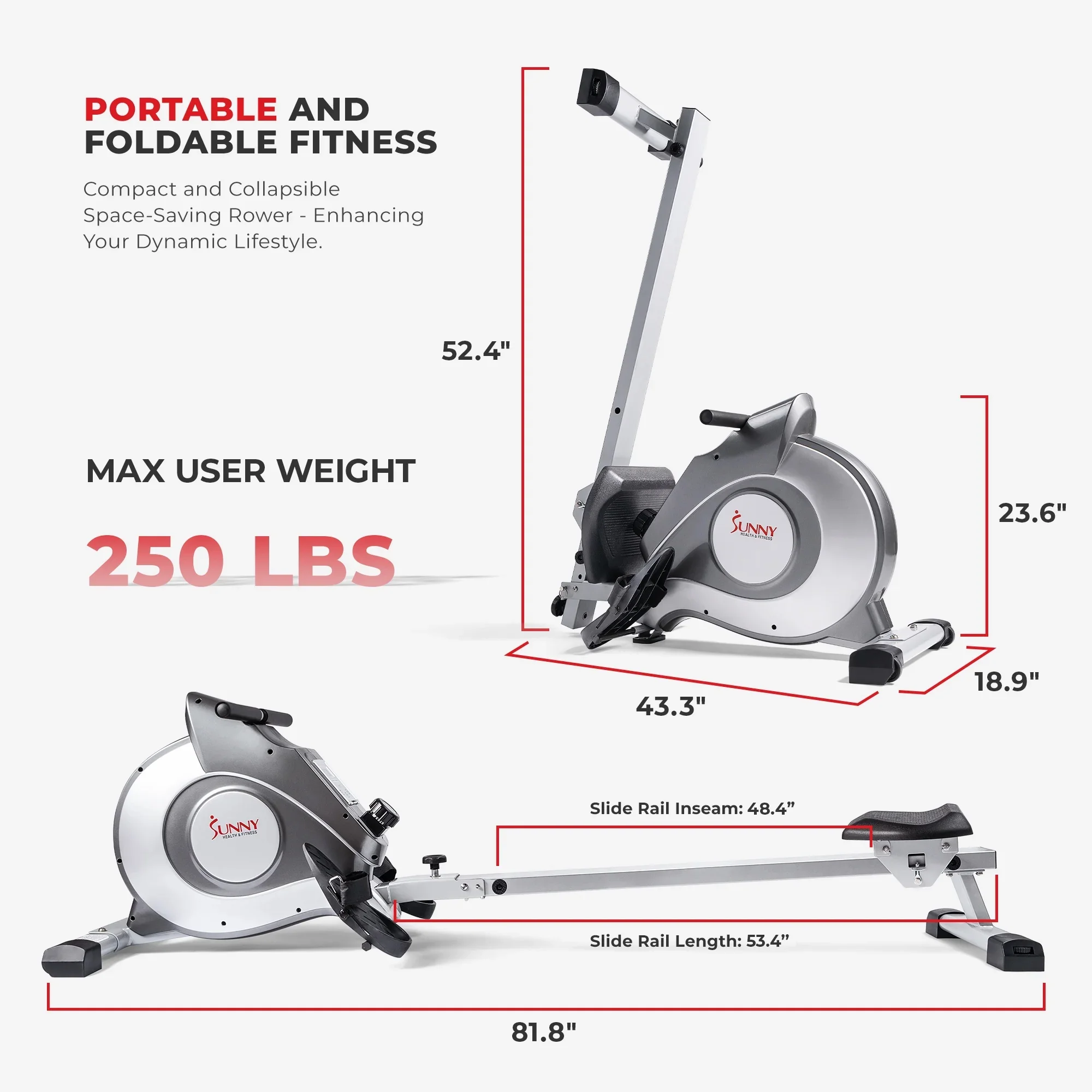 Sunny Health & Fitness 53.4" Extended Slide Rail Magnetic Rowing Machine Rower with Free SunnyFit App Membership - SF-RW5515 - Image 7