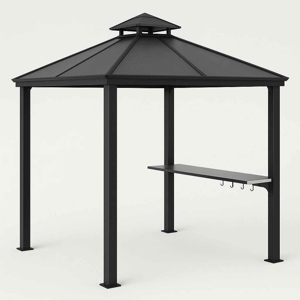 Caseta de barbacoa de jardín de metal negro con rejillas y ganchos, 2,5 x 2,5 x 2,8 m