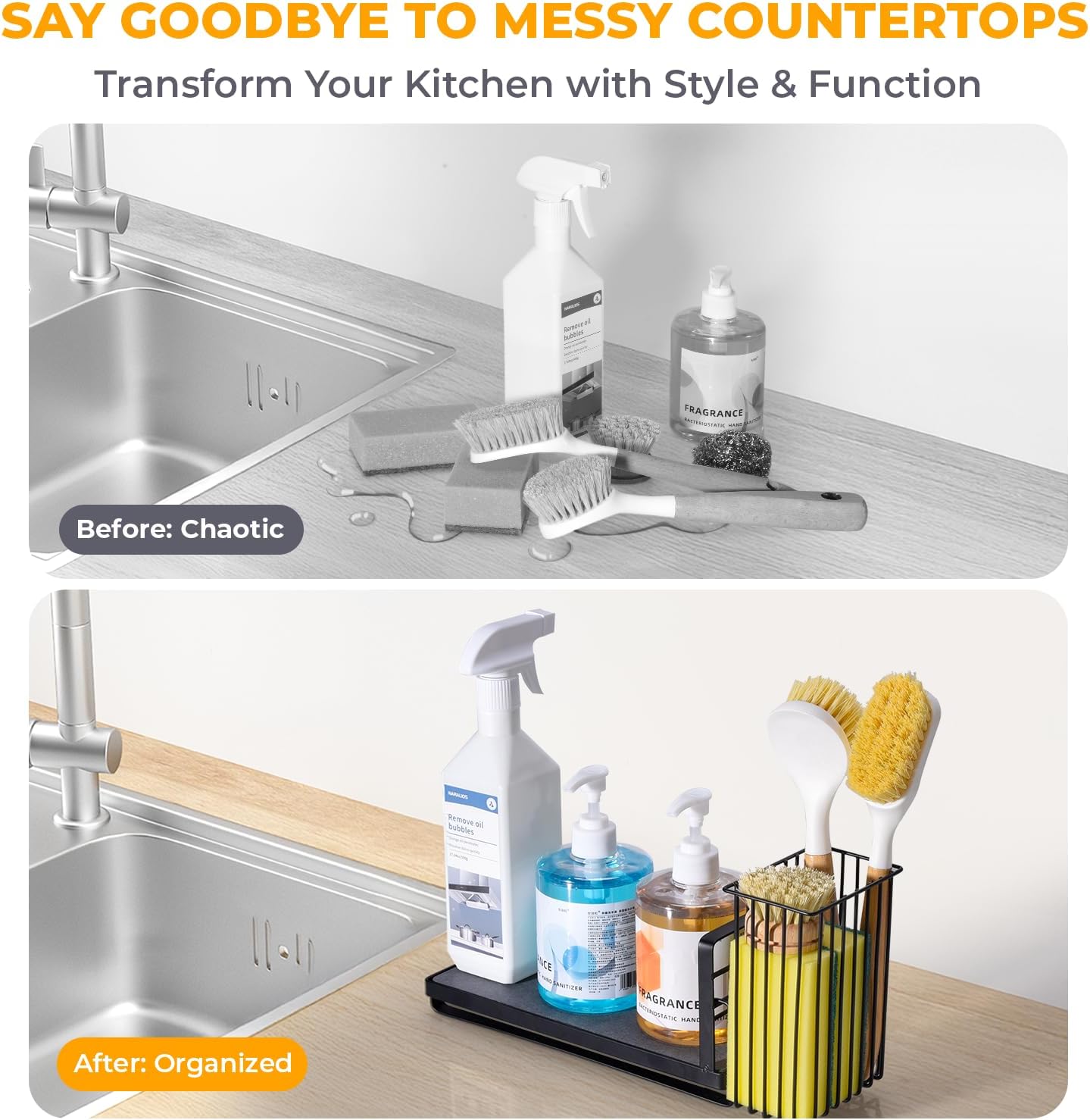 KONE Kitchen Sink Caddy: Sponge Holder for Kitchen Sink Counter with Instant Drying Stone and High Brush Holder, Rustproof Stainless Steel Sponge Holder for Sponges, Scrubbers, Soap (Black)