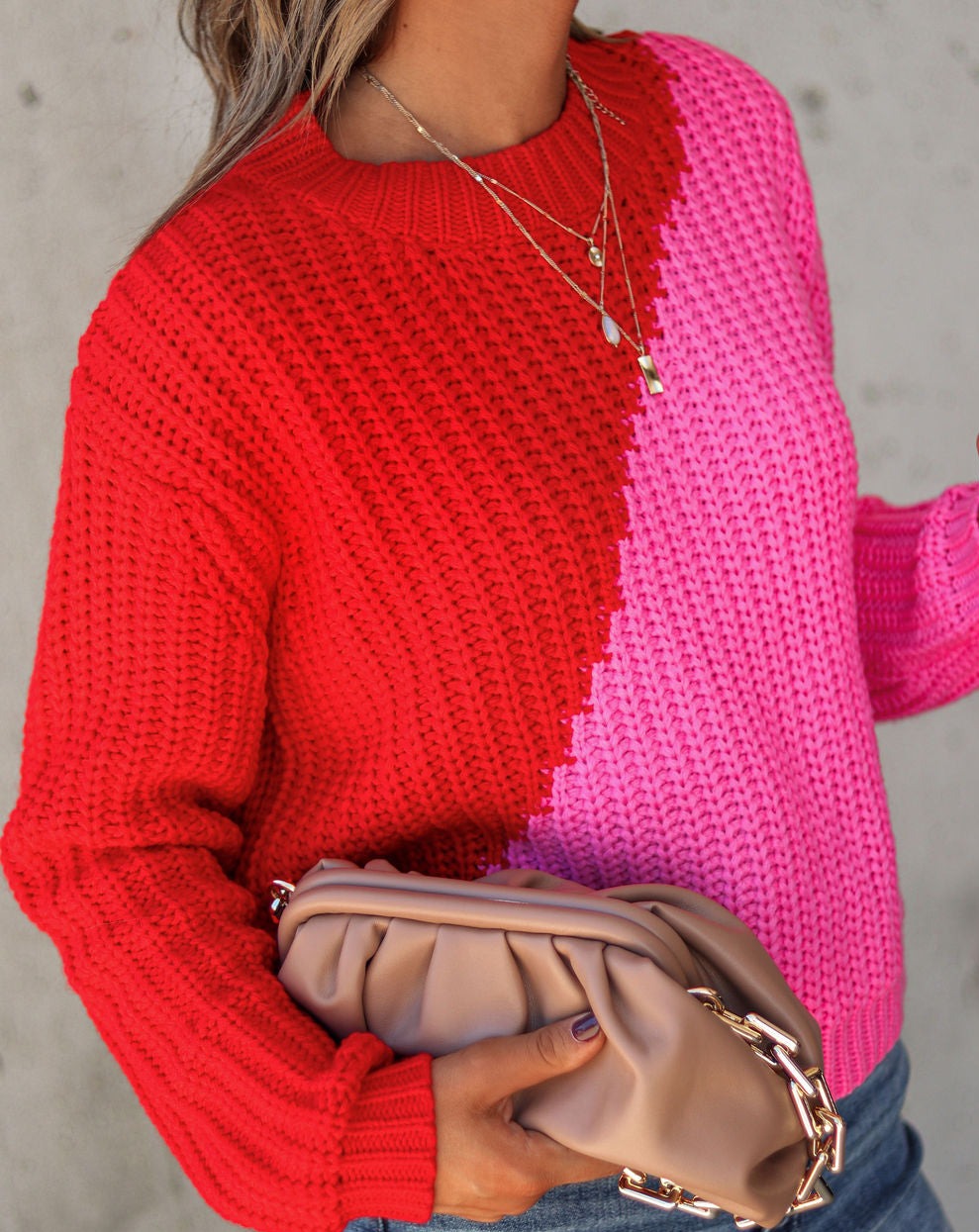 City Babe Knit Colorblock Pullover Sweater - Red Pink - Se7enfashion