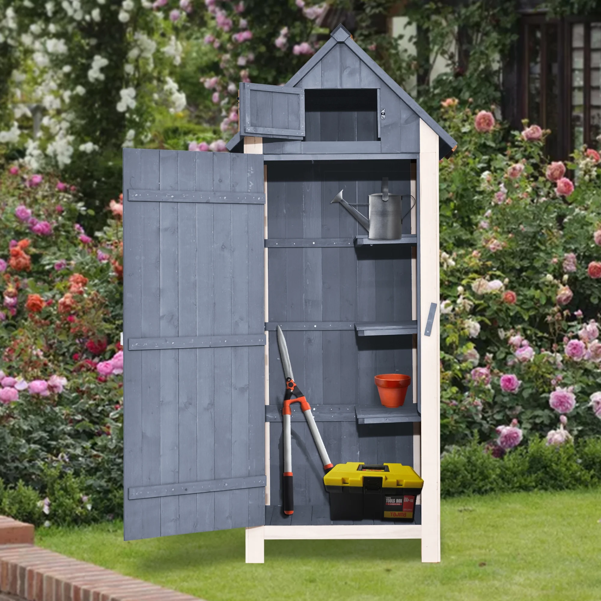 Mcombo Outdoor Storage Cabinet, Wood Garden Tool Shed (70" Tall) 0770EY - Image 2