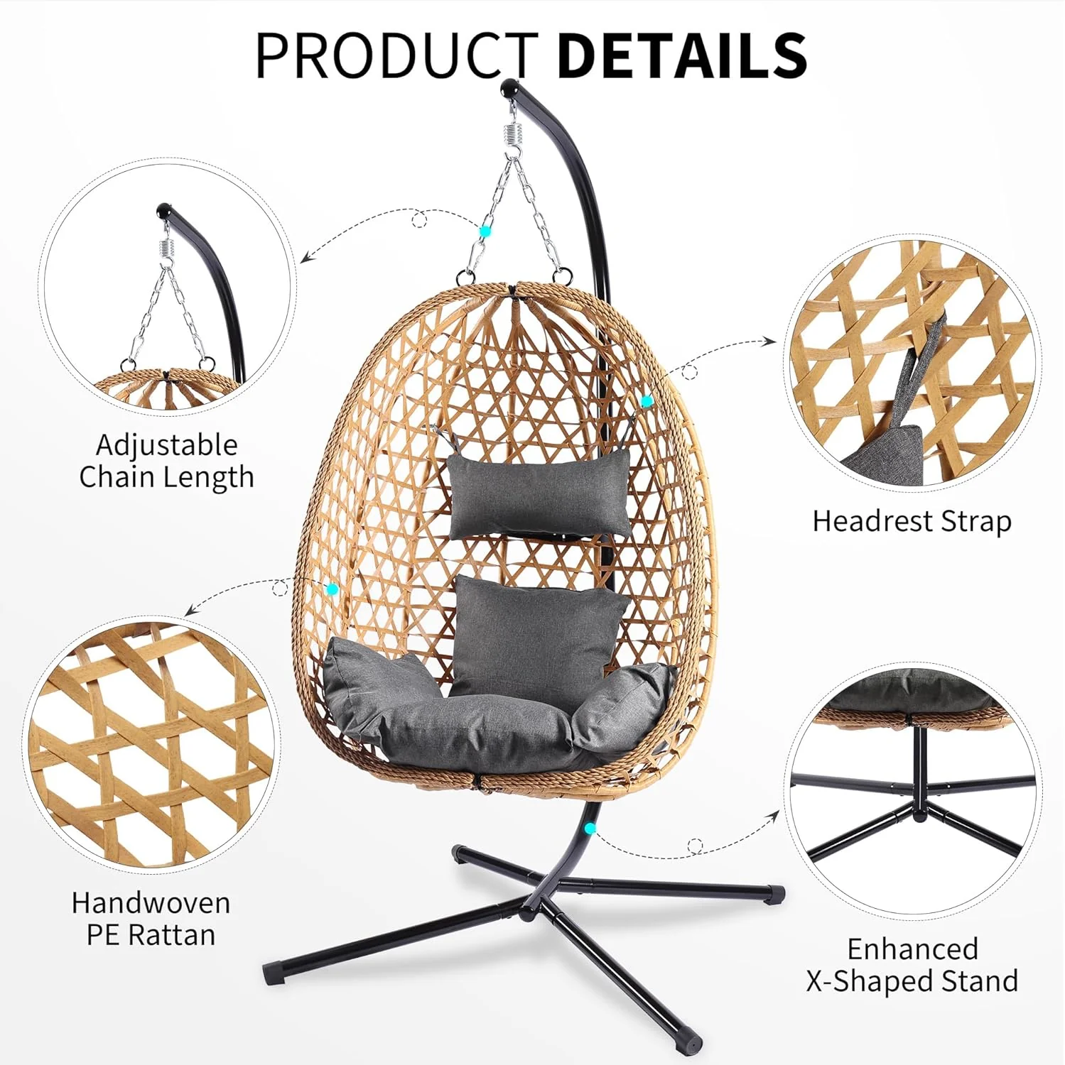 Egg Chair with Stand Patio Wicker Hanging Chair Hammock Swing Chair 350LBS Capacity