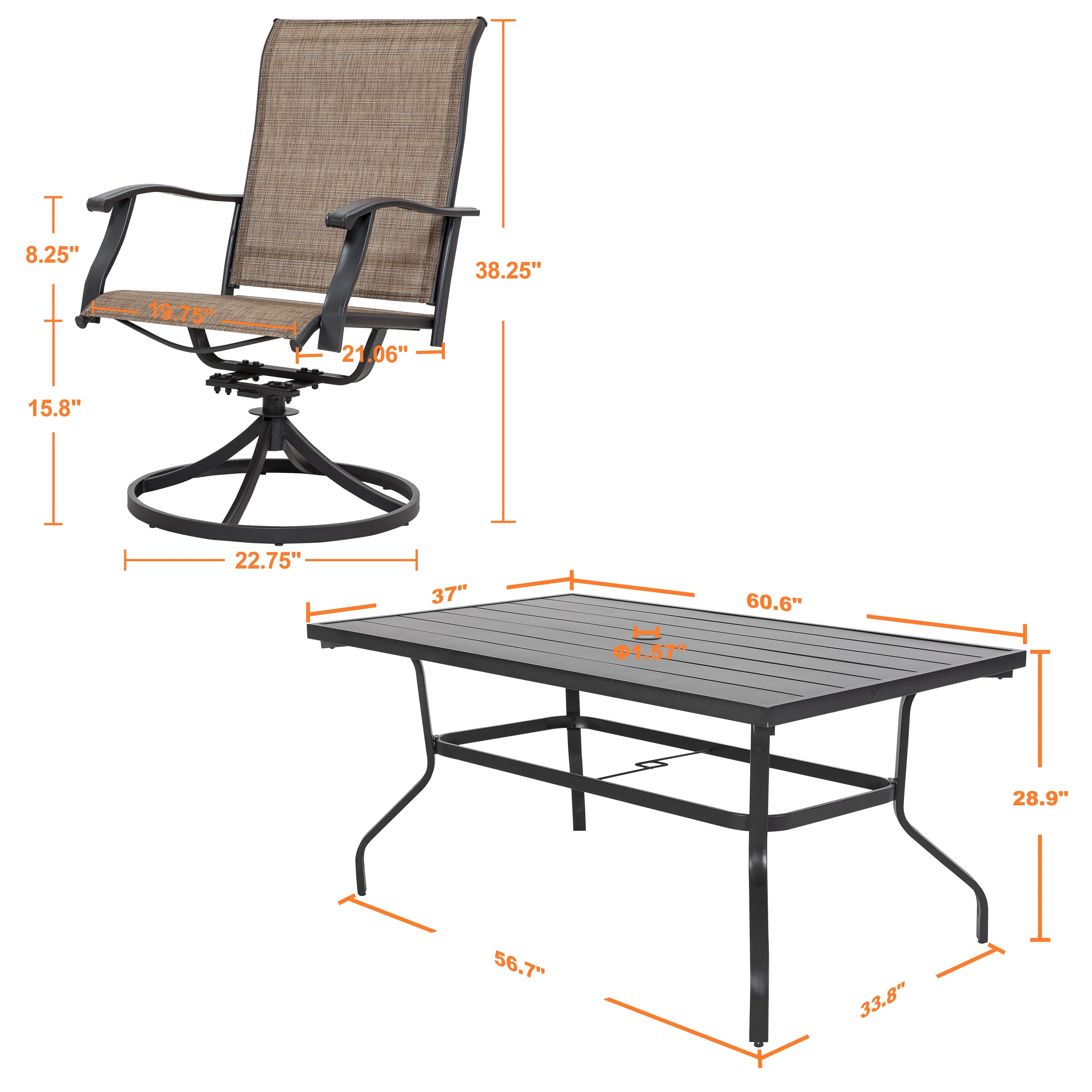 Nuu Garden 5 Piece Outdoor Patio Dining Set, Metal Patio Furniture Set 4 Textilene Swivel Chairs and 37" Square Iron Umbrella Dining Table,Black and Brown - Image 15