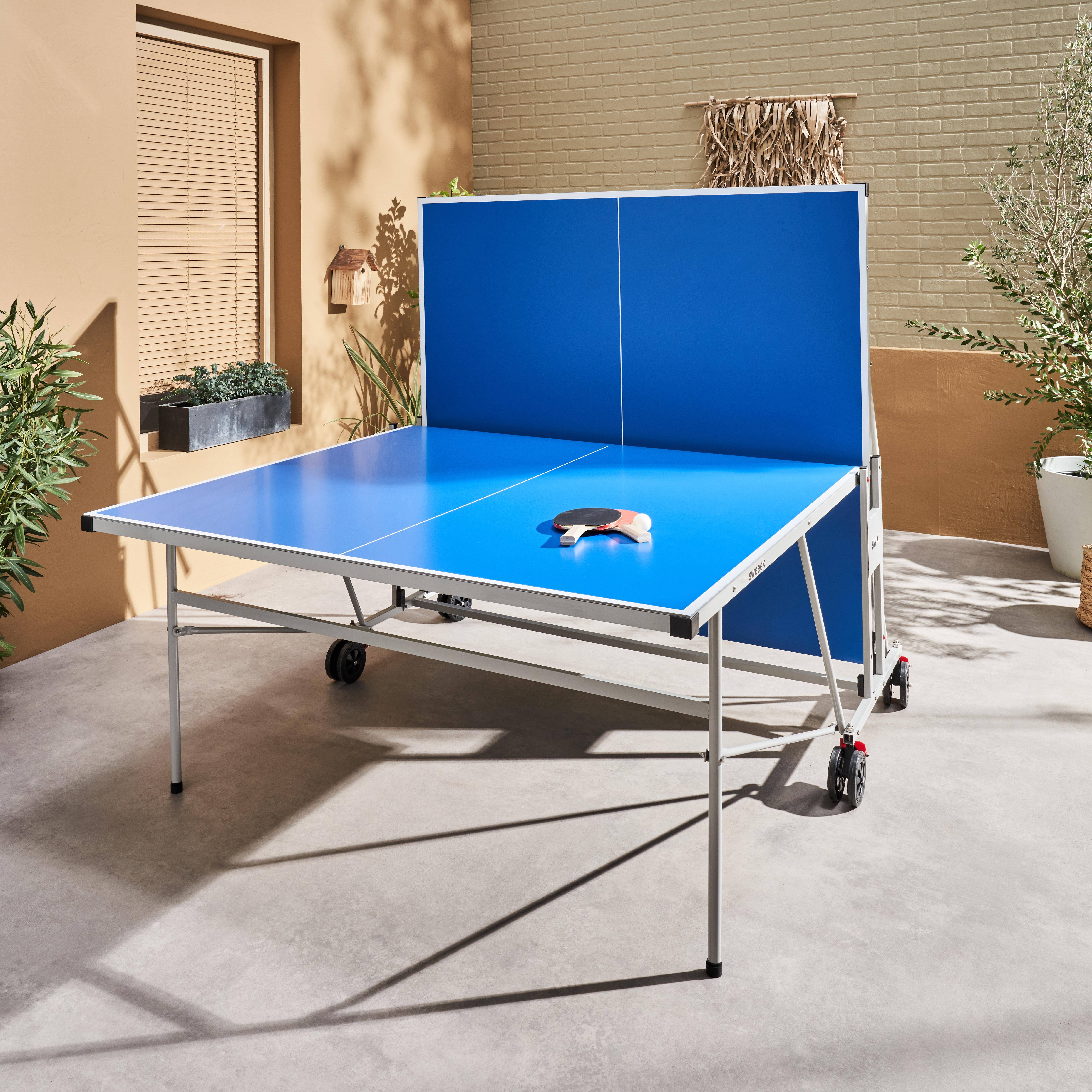Mesa de ping pong exterior - Mesa de ping pong plegable para exterior con 4 raquetas y 6 pelotas, 274cm