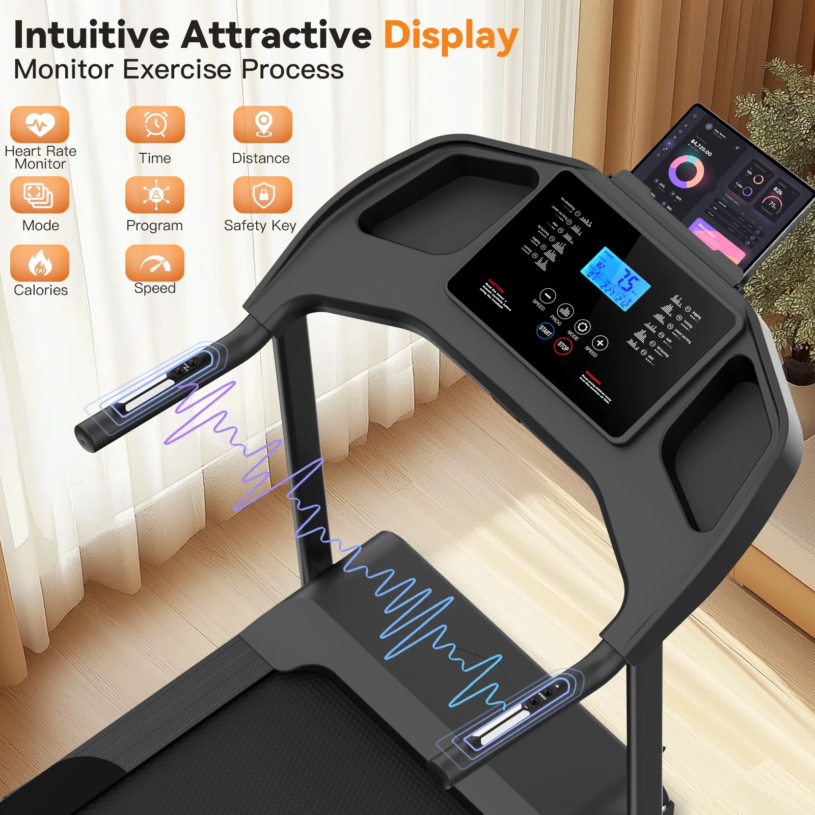 Treadmill with 8% Incline, 3.0 HP Foldable Compact Treadmill with Sit-up Function, 300 lbs Walking Running Treadmill with LCD Display for Exercise, 12 Programs - Image 14