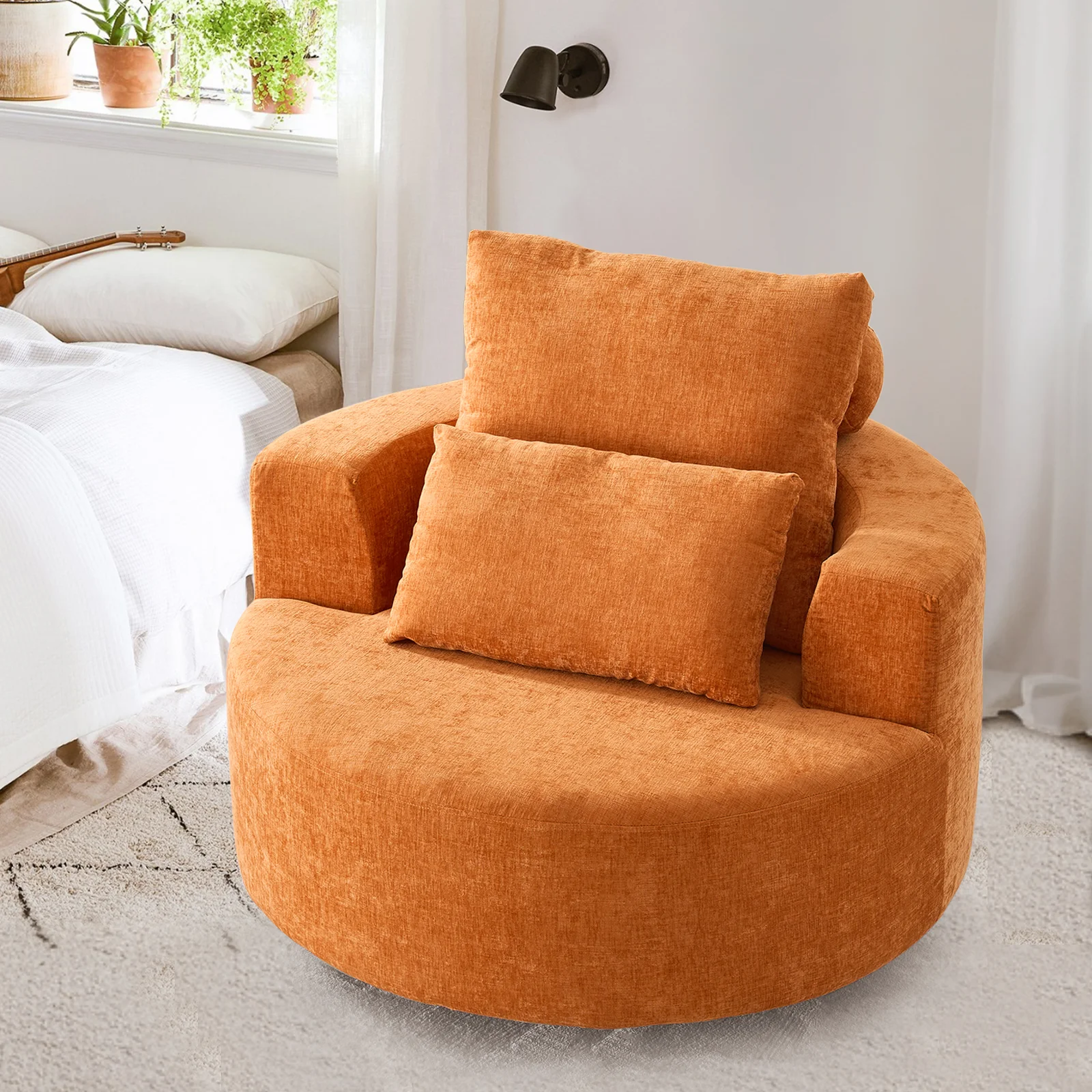 Fumahaus Upholstered Swivel Accent Chair, Oversized Comfy Round Sofa Chair with Two Pillows, Leisure Sofa Chair for Living Room Bedroom, Beige - Image 34