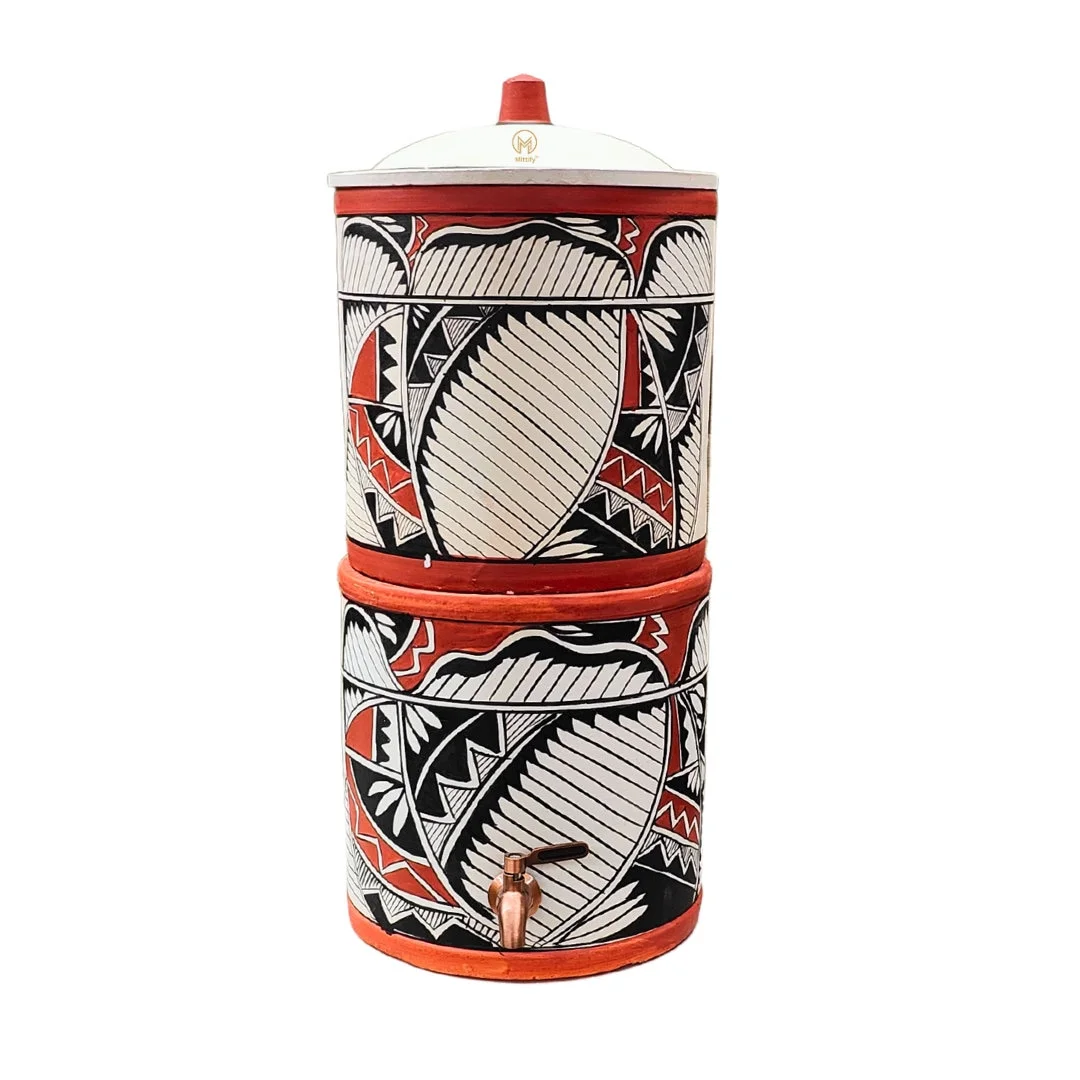 Mittify Handmade Clay Water Filter with Lid & Metal Tap | Earthen Harp Design Water Filter | Eco-Friendly Clay Filter (676oz/20L) - Image 2