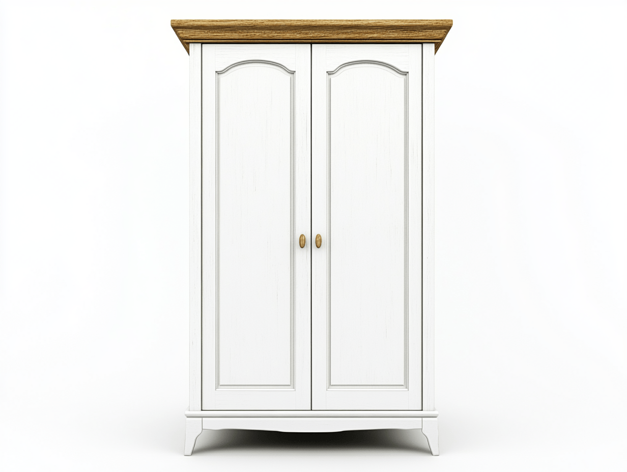 Armario blanco de madera con dos puertas y remate superior en roble natural