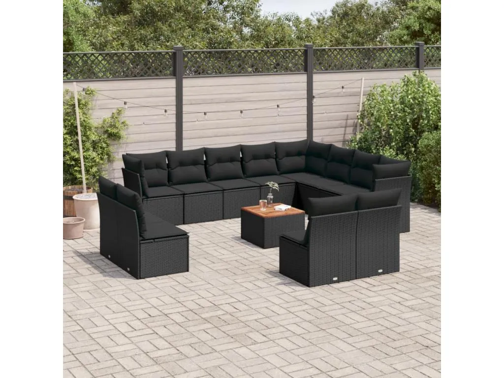 Set de sofás de jardín y cojines 13 piezas ratán sintético negro amsq15230