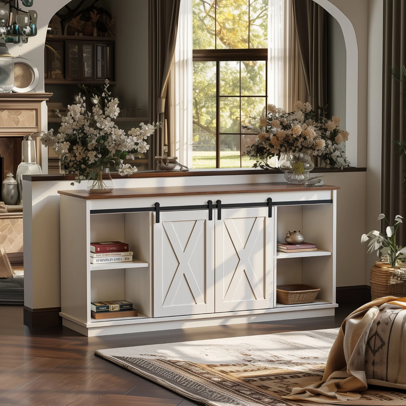 GIANNA TV Stand for Televisions up to 65 Inch, Entertainment Center with Sliding Barn Doors, Storage Cabinets and Media Shelves, Living Room Console Table, White - Image 8