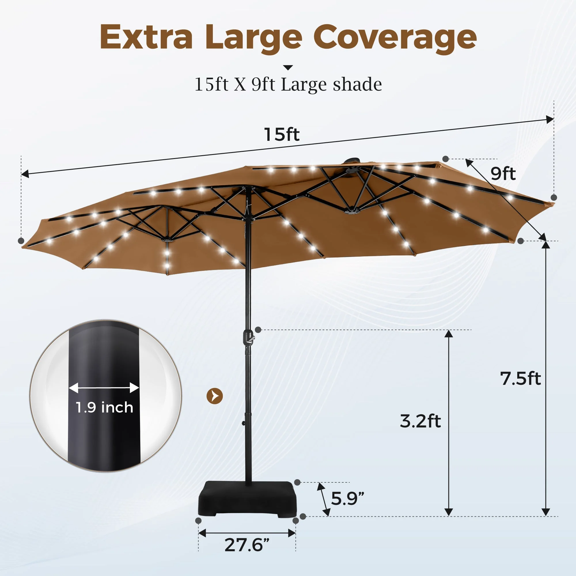 Alpha Joy 15ft Extra Large Outdoor Patio Double-Sided Umbrella with LED Solar Lights & Umbrella Base, Beige - Image 31