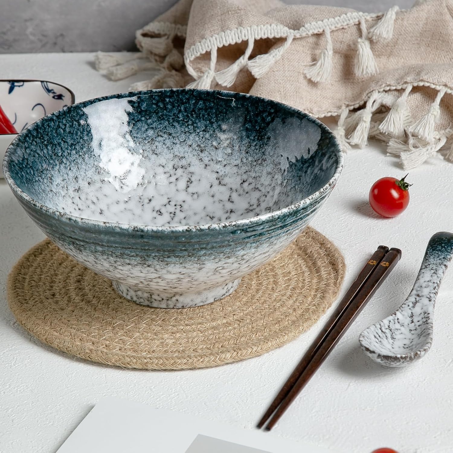 40 oz Ceramic Ramen Bowl Set of 2, Ramen Noodle Bowl with Spoons and Chopsticks 8 Inch Japanese Retro Style Large Soup, Pho, Udon Bowls, Microwave & Dishwasher Safe, Stone