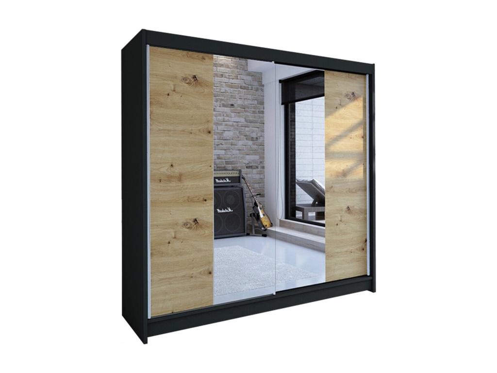Armario Atlanta 138, Negro|Roble Artisan, 215x180x58cm, Puertas de armario: Correderas