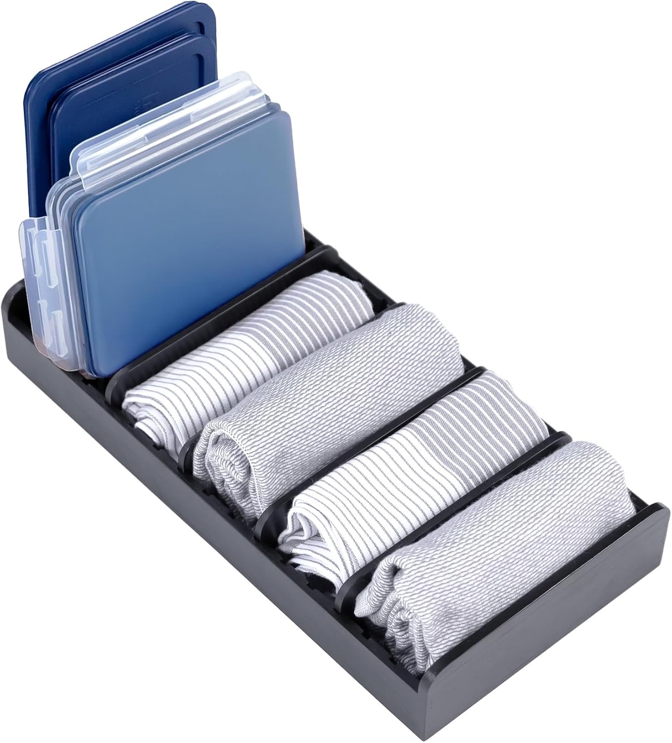KitchenEdge Bamboo Kitchen Towel and Food-Storage Organizer, Perfect for Kitchen Drawers, Cabinets, Pantry, 5 Adjustable Wall Inserts, Non-Slip Feet, Organize Food Containers, Food-Safe White Finish