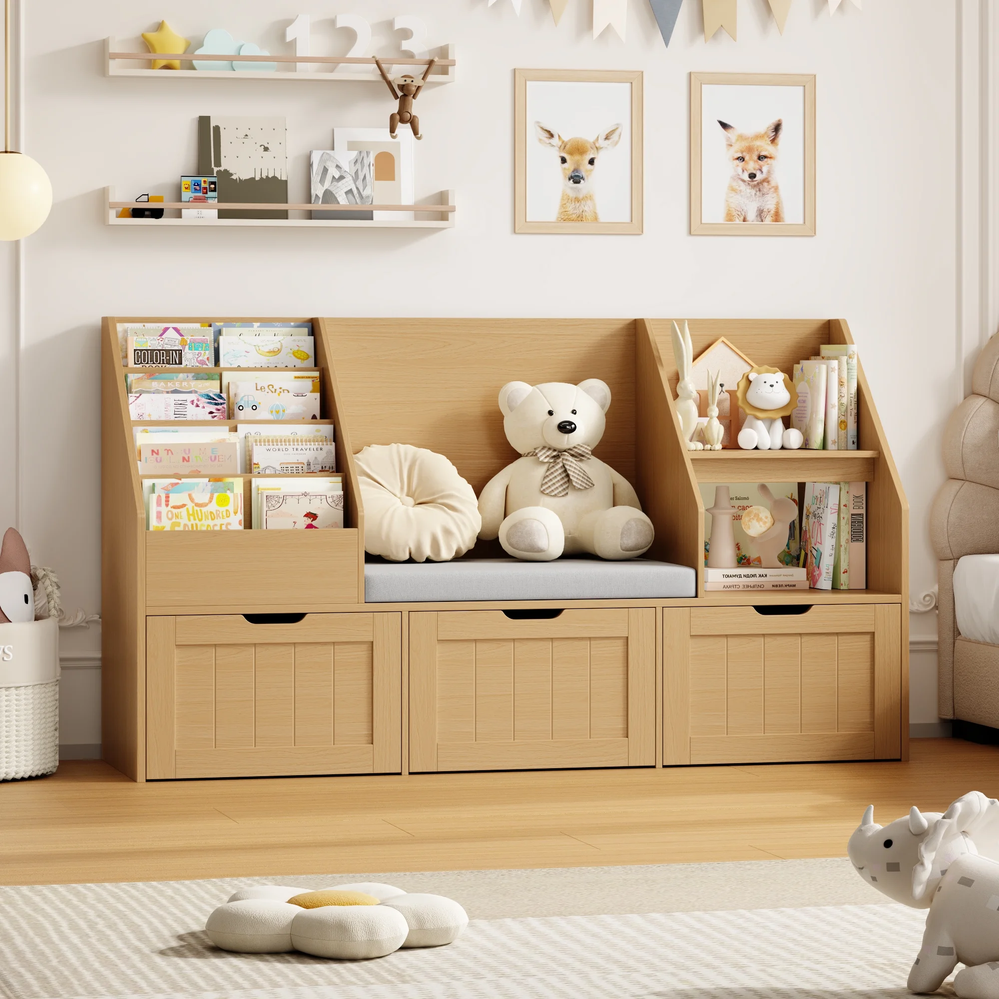Homfa Kids Bookshelf with Reading Nook & 3 Movable Drawers, 2 Cube Bookcase with 4-Tier Book Racks, Toy Storage Organizer for Playroom Bedroom, White - Image 19