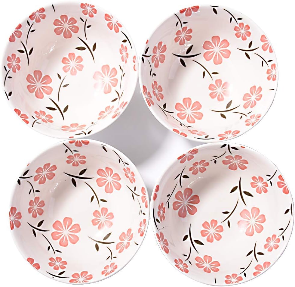 Japanese Ceramic Rice & Sushi Bowls Set – 4 Pack White Cherry Blossom Design, Microwave & Dishwasher-Safe, Elegant Dinnerware for Home, Restaurants